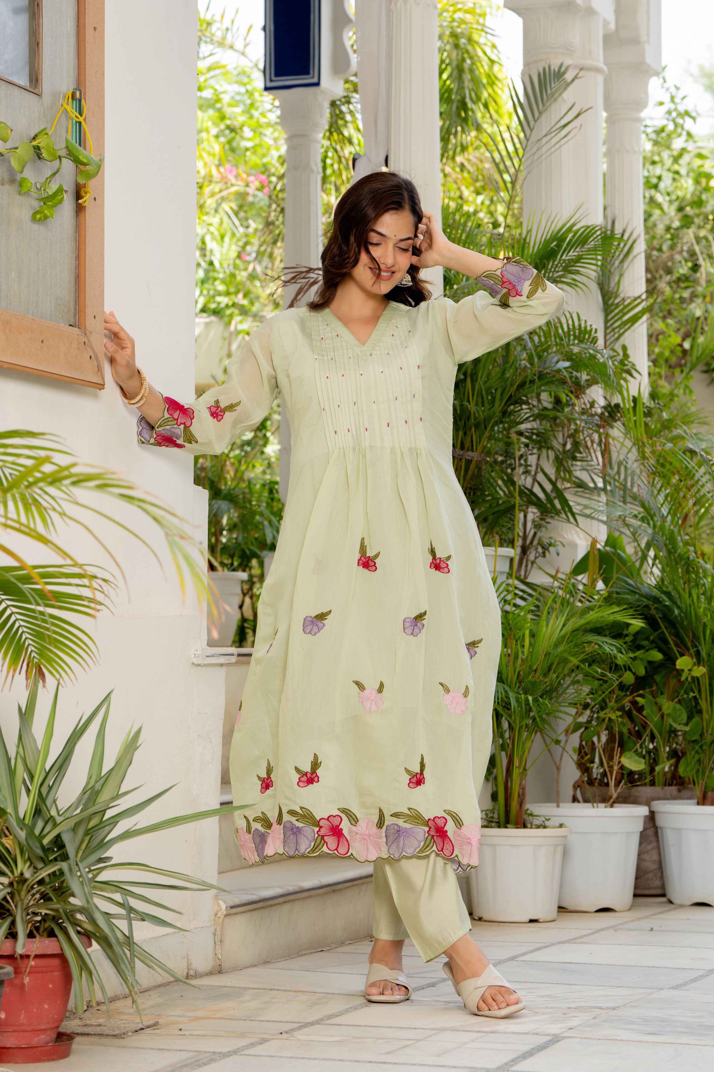 Thistle Green Embroidered Mal Chanderi Suit Set