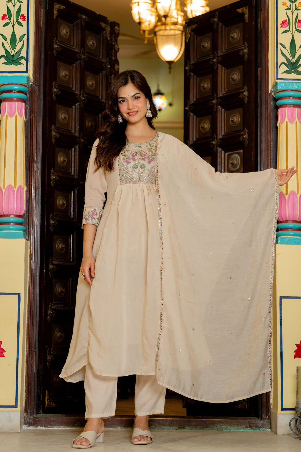 Rodeo Dust Embroidered Mal Chanderi Suit Set