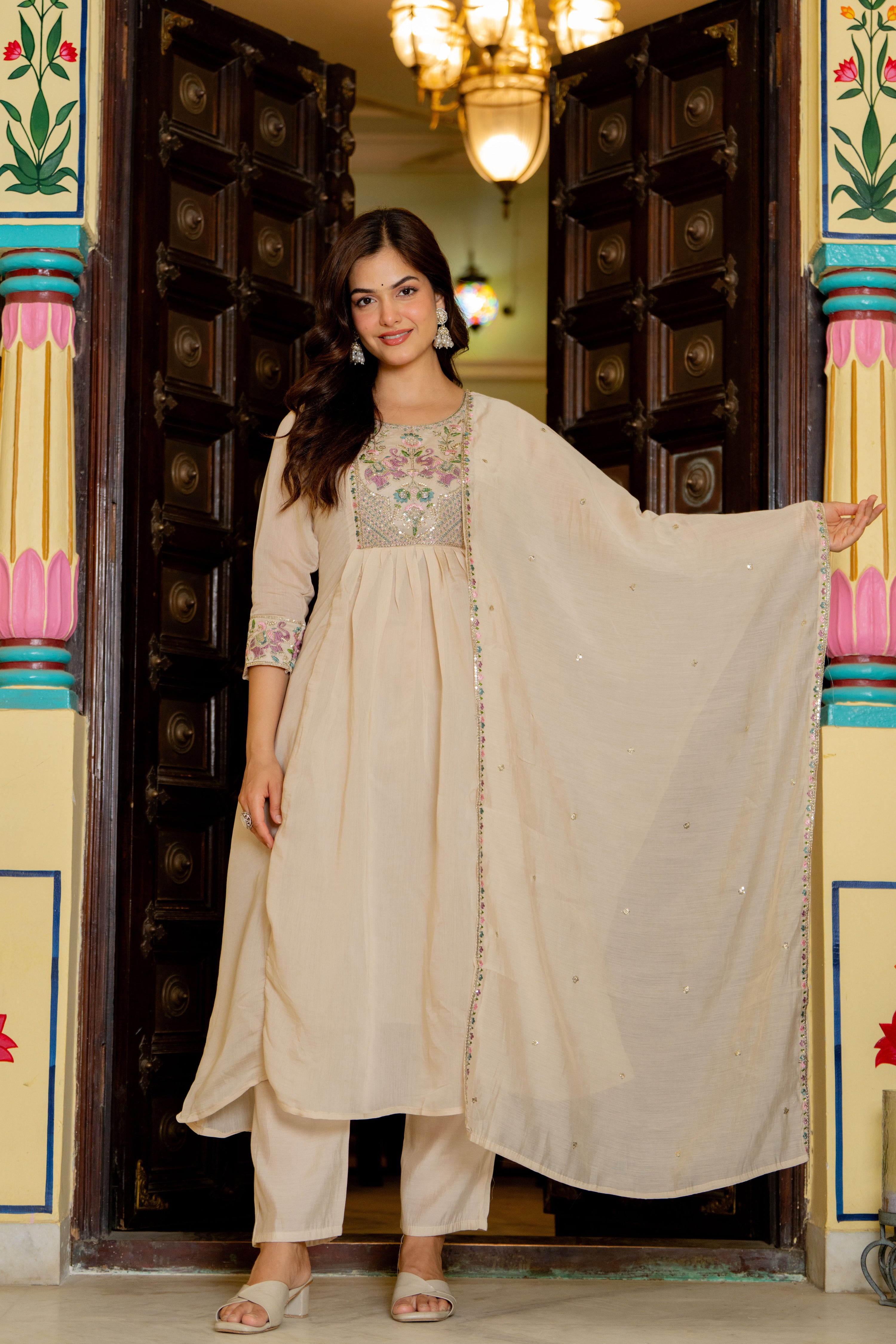 Rodeo Dust Embroidered Mal Chanderi Suit Set