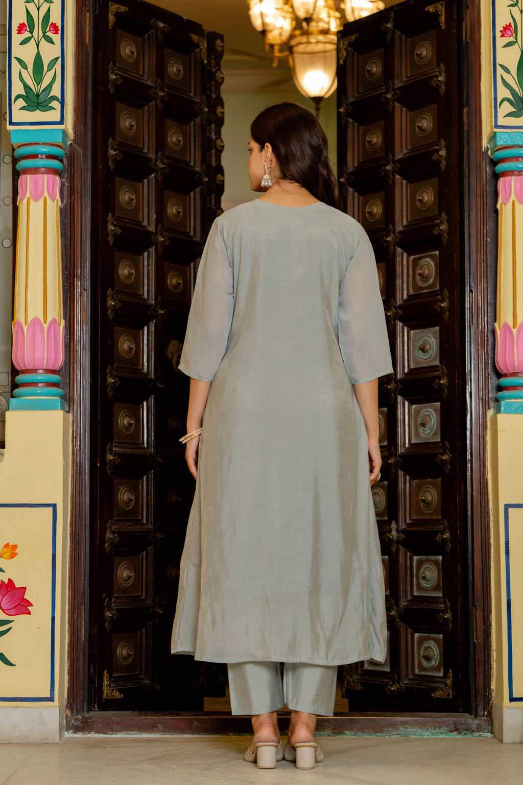 Dust Grey Embroidered Mal Chanderi Suit Set