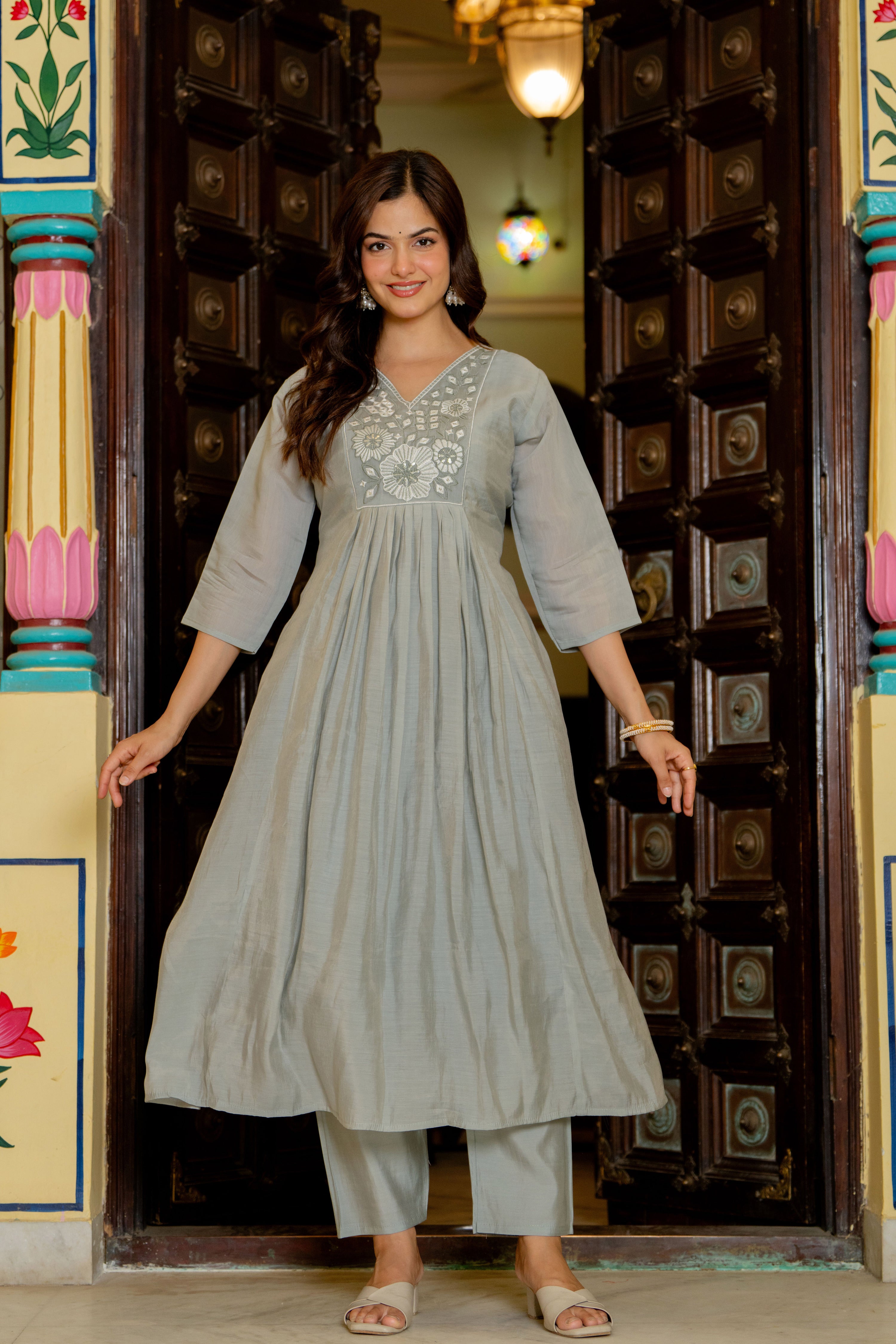 Dust Grey Embroidered Mal Chanderi Suit Set