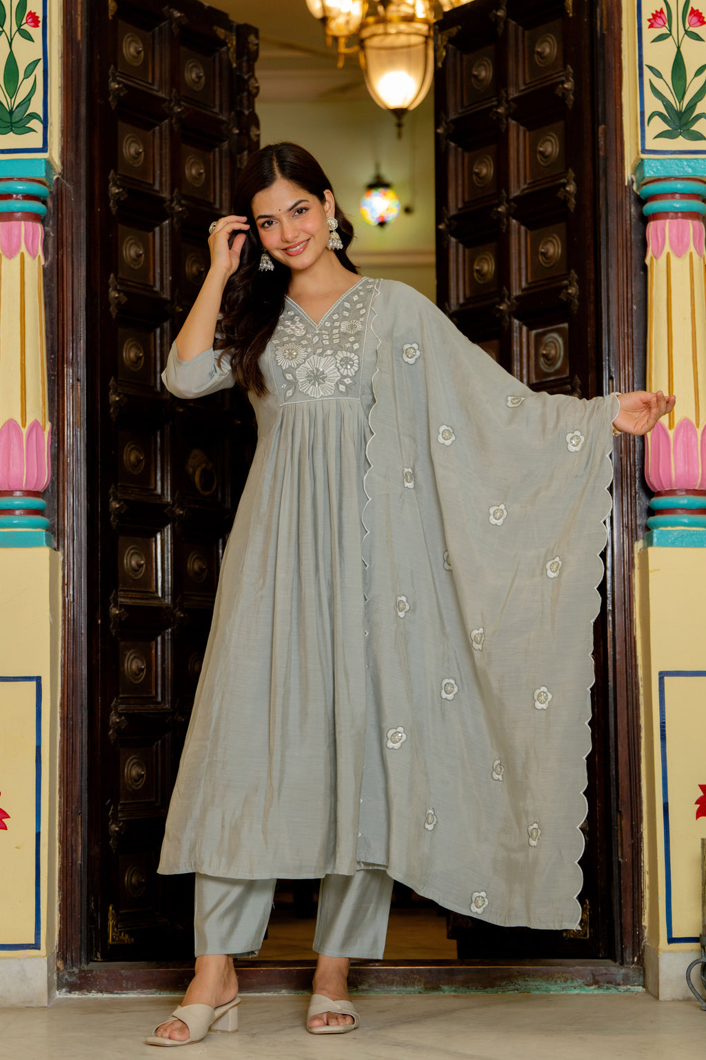 Dust Grey Embroidered Mal Chanderi Suit Set