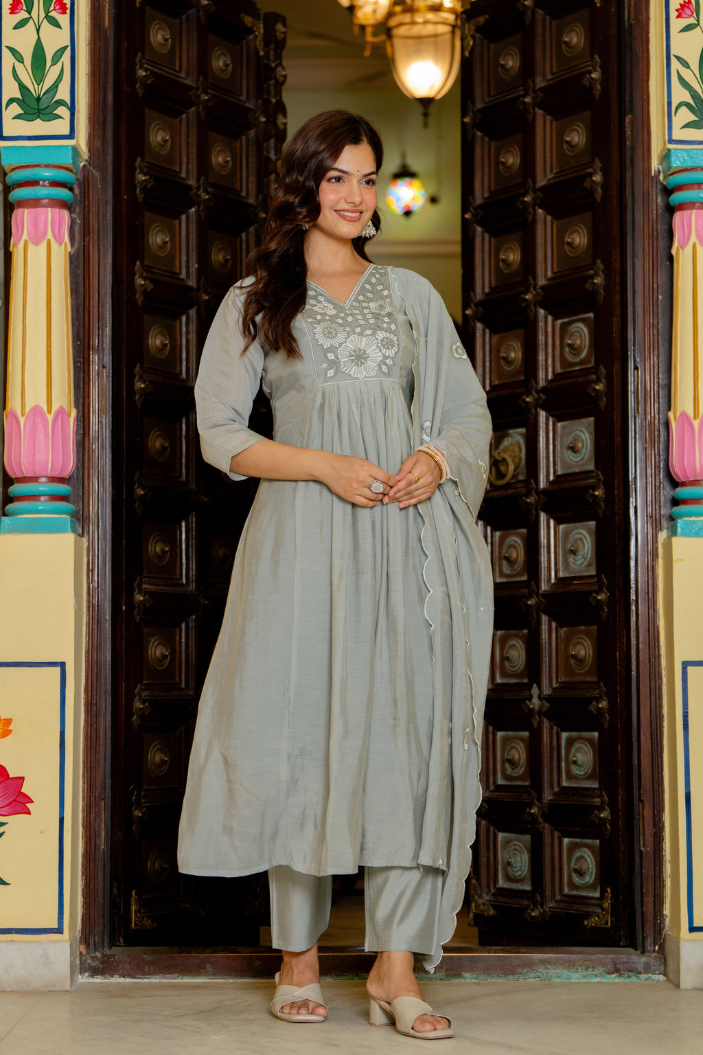 Dust Grey Embroidered Mal Chanderi Suit Set