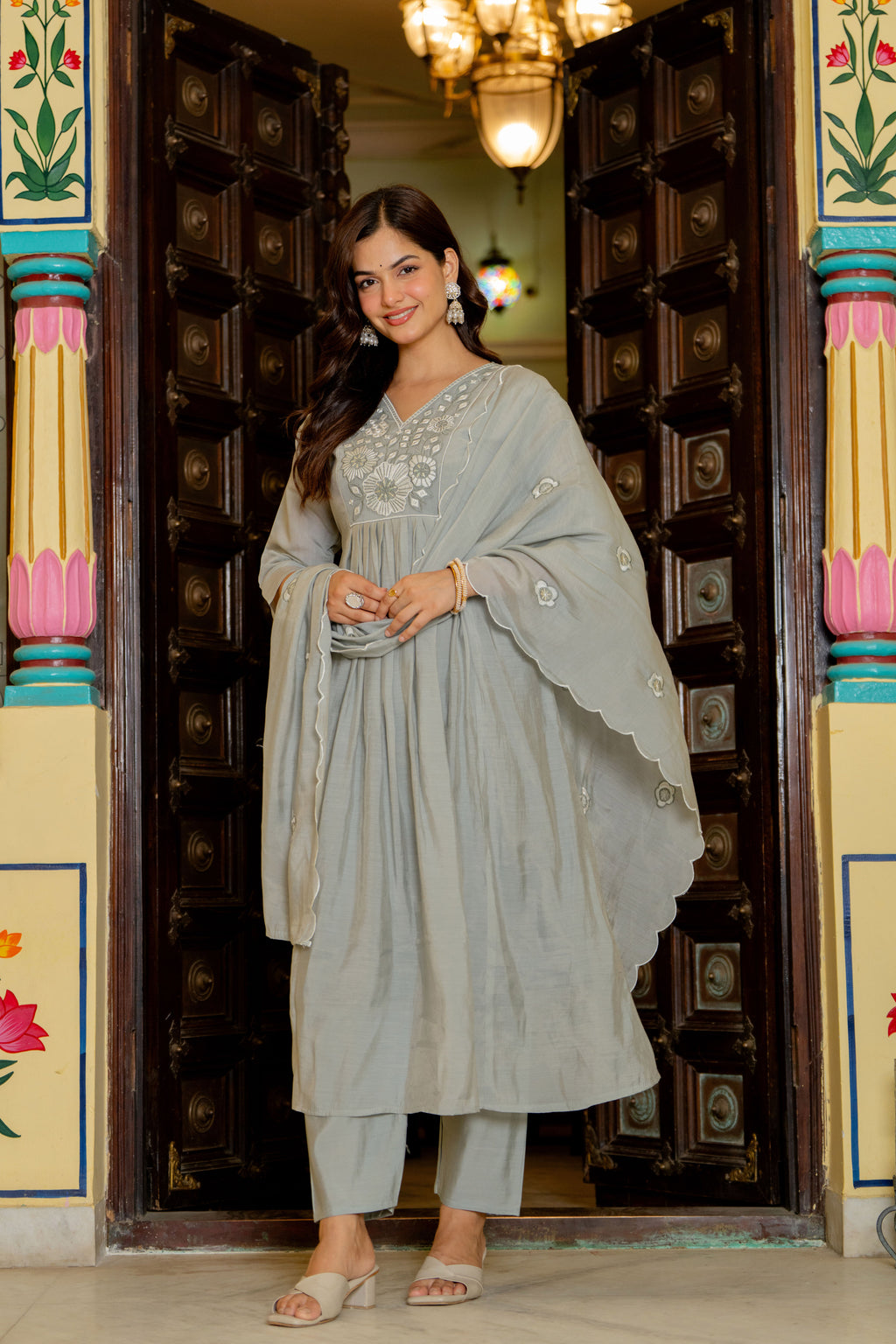 Dust Grey Embroidered Mal Chanderi Suit Set