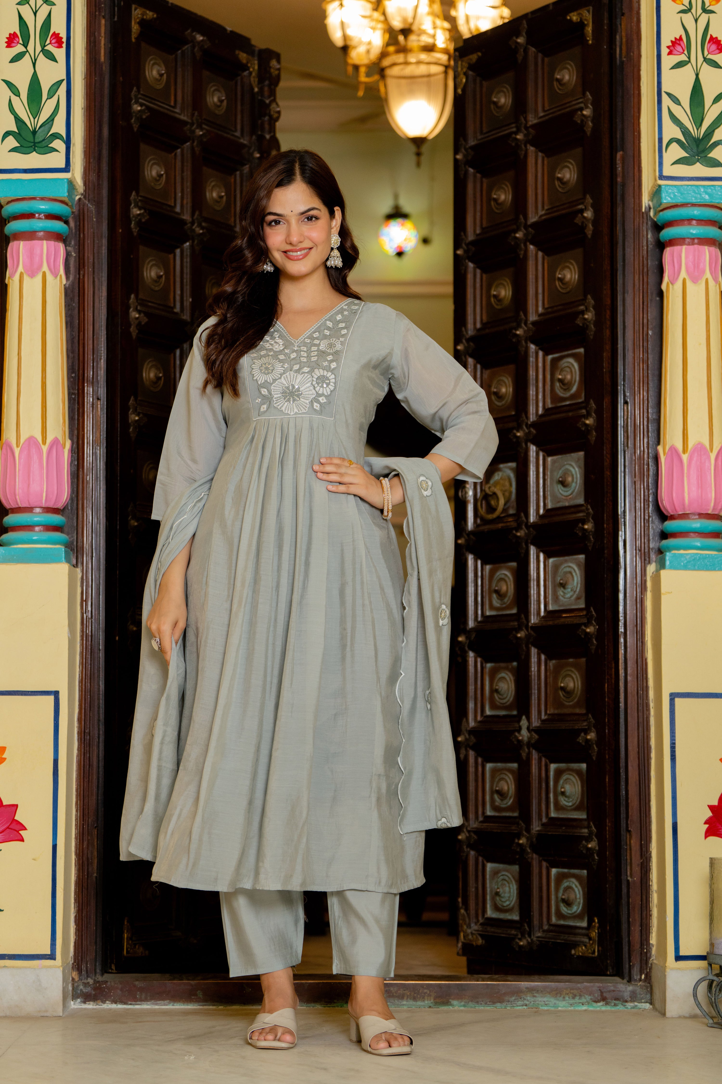 Dust Grey Embroidered Mal Chanderi Suit Set