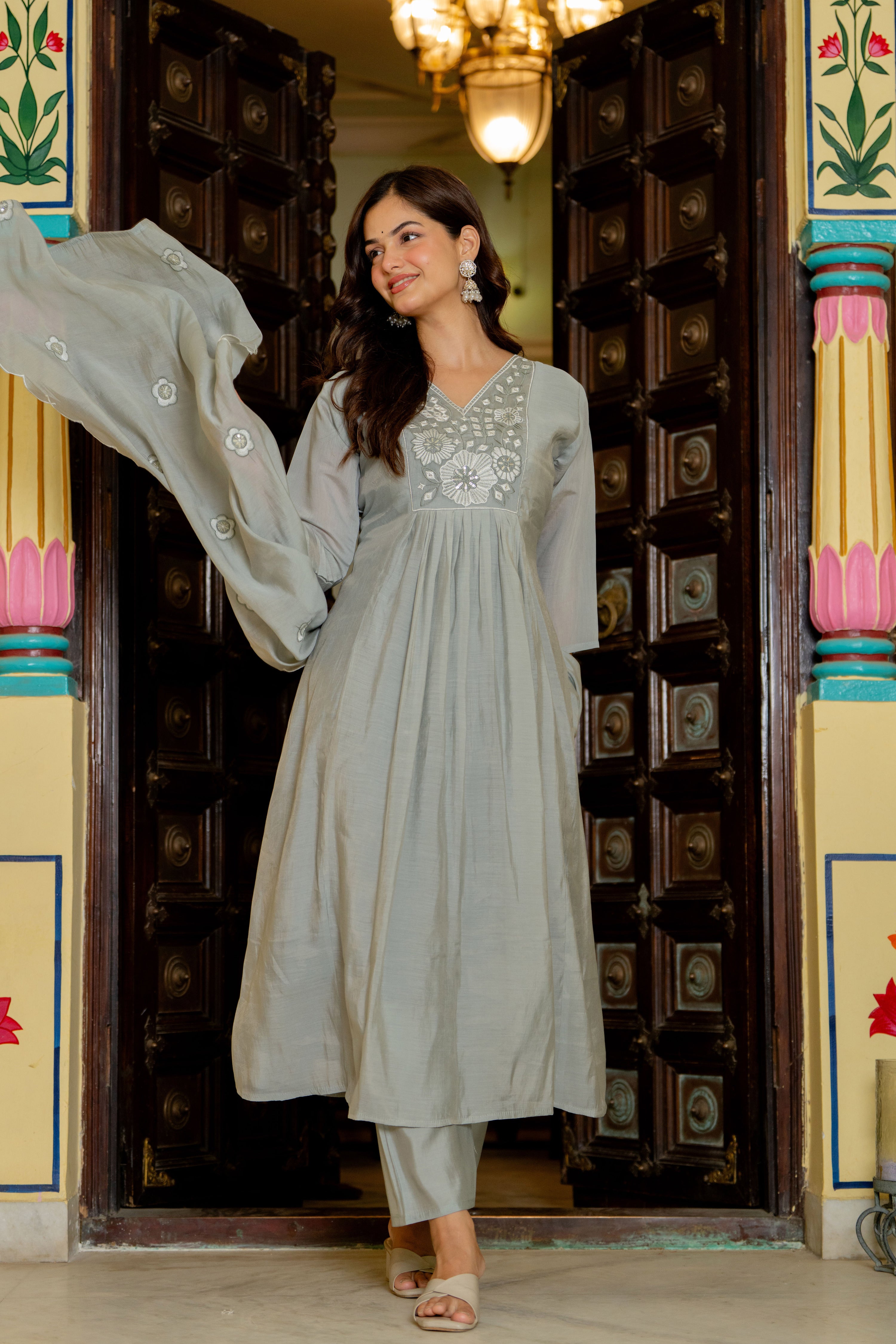Dust Grey Embroidered Mal Chanderi Suit Set