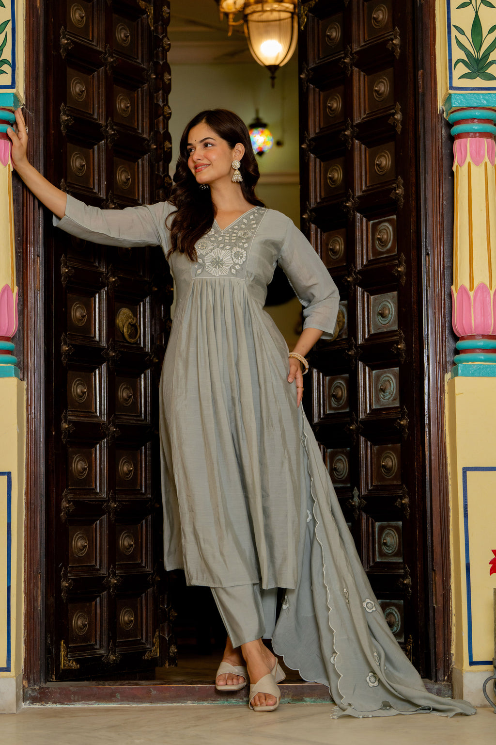 Dust Grey Embroidered Mal Chanderi Suit Set