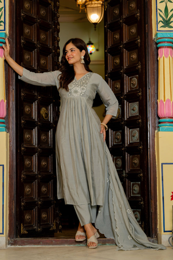 Dust Grey Embroidered Mal Chanderi Suit Set