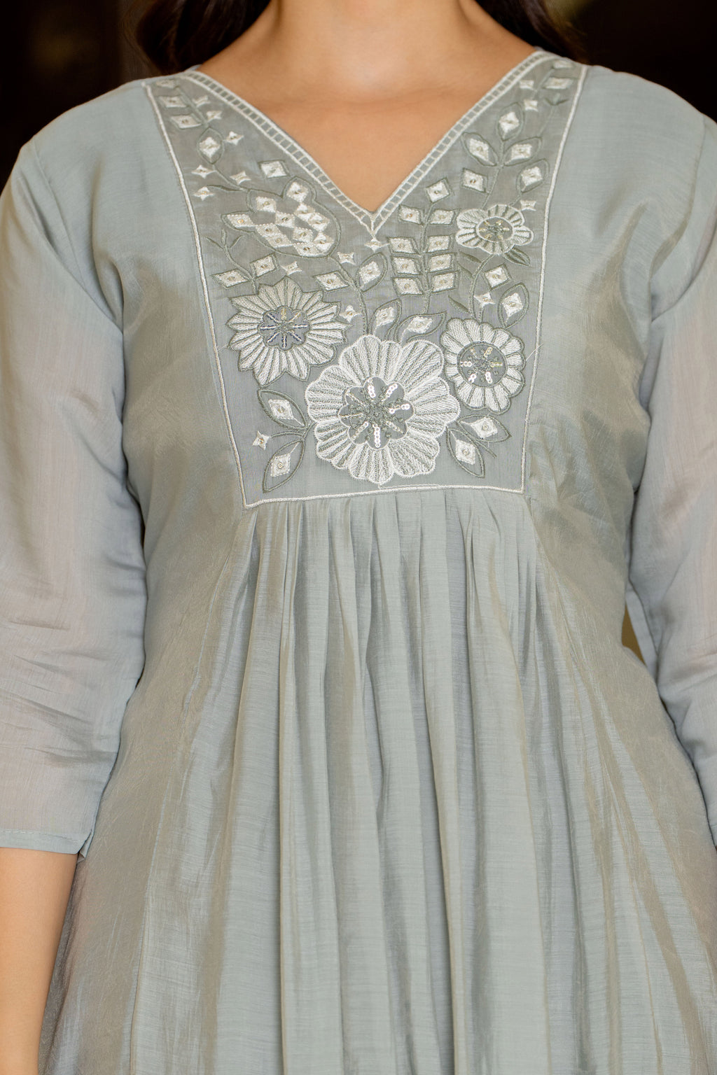 Dust Grey Embroidered Mal Chanderi Suit Set