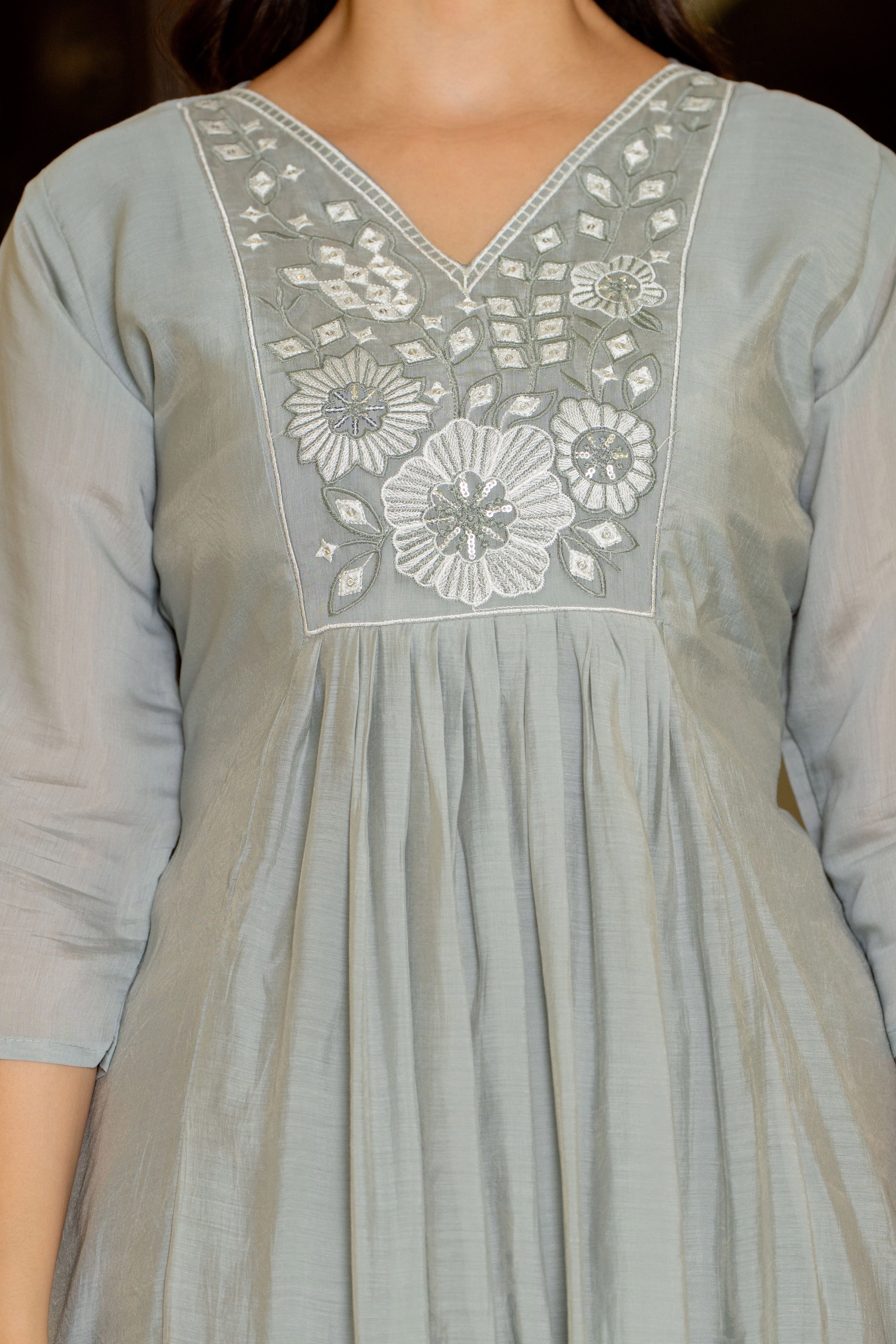 Dust Grey Embroidered Mal Chanderi Suit Set
