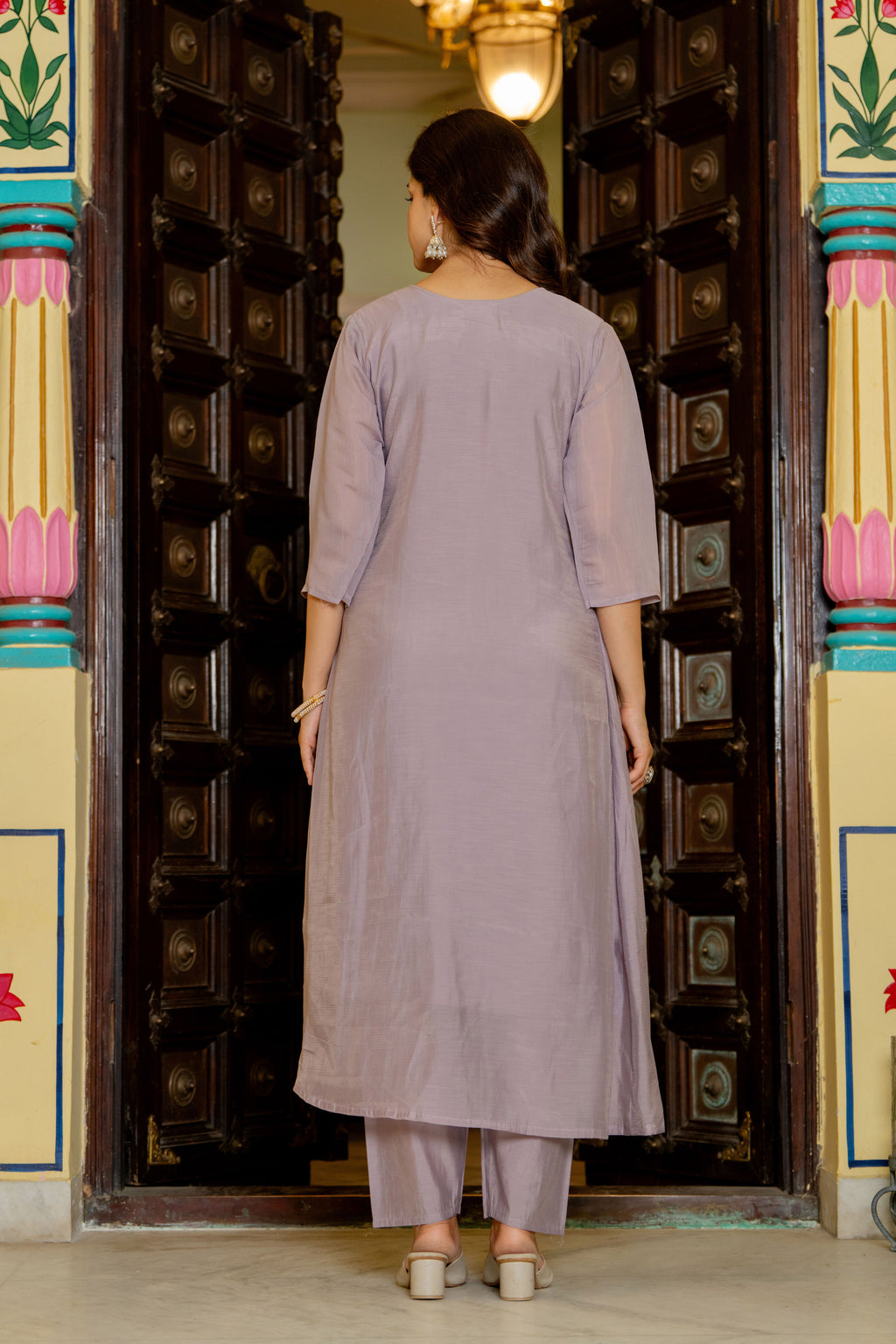 Pastel Purple Embroidered Mal Chanderi Suit Set