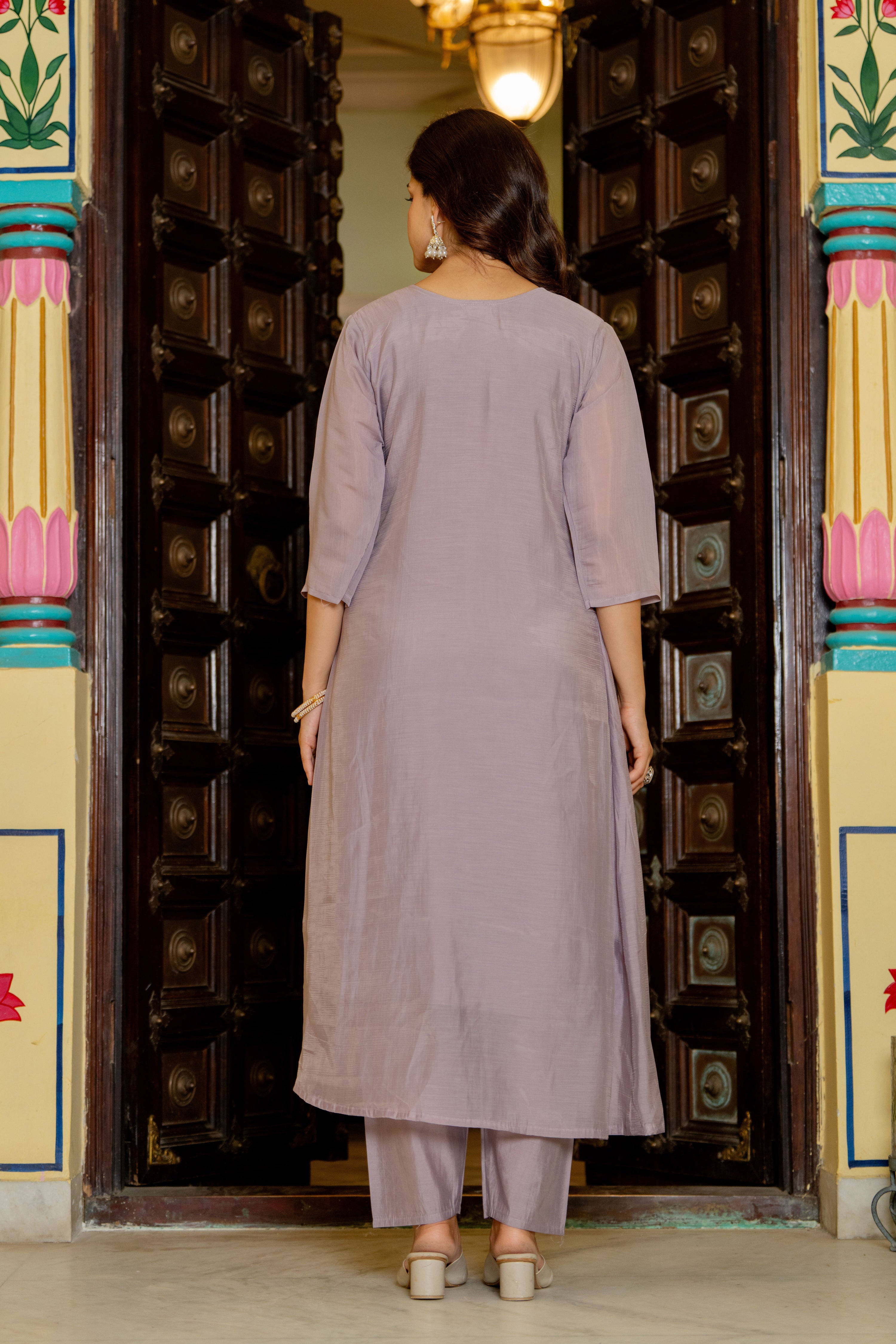 Pastel Purple Embroidered Mal Chanderi Suit Set