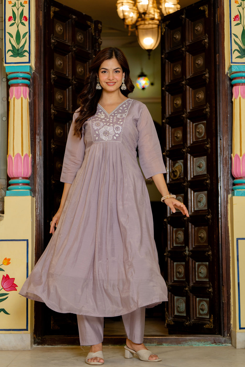 Pastel Purple Embroidered Mal Chanderi Suit Set