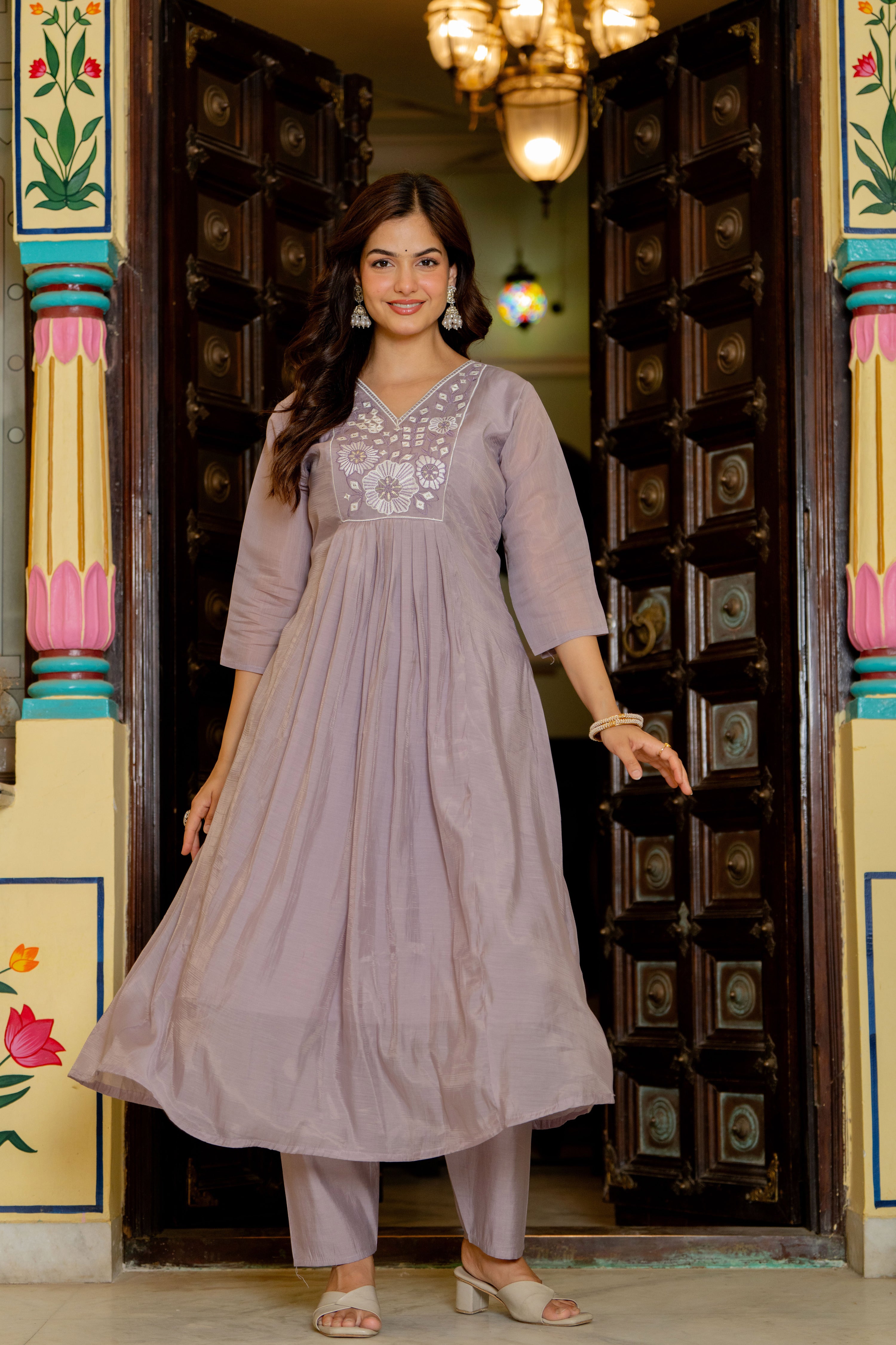 Pastel Purple Embroidered Mal Chanderi Suit Set