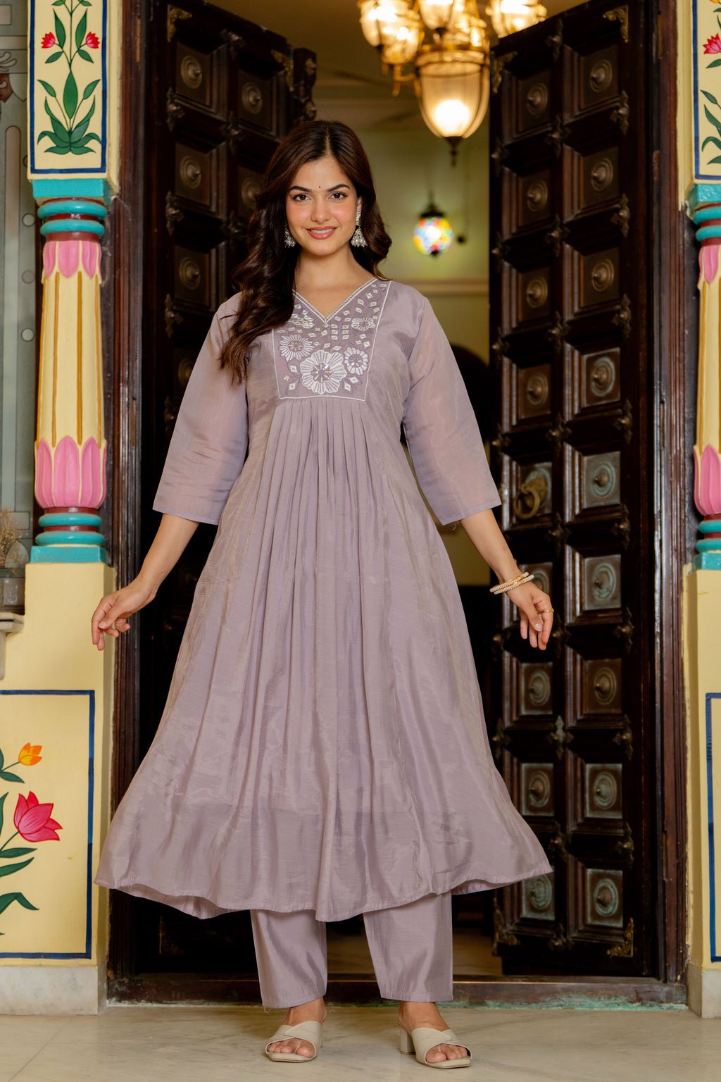Pastel Purple Embroidered Mal Chanderi Suit Set