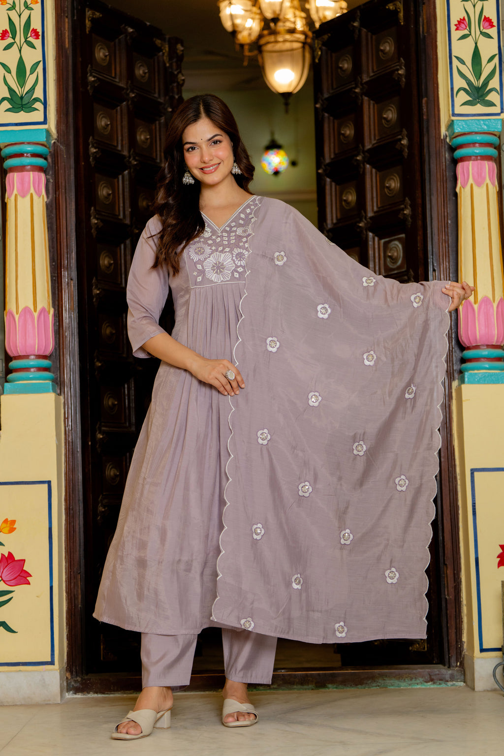Pastel Purple Embroidered Mal Chanderi Suit Set