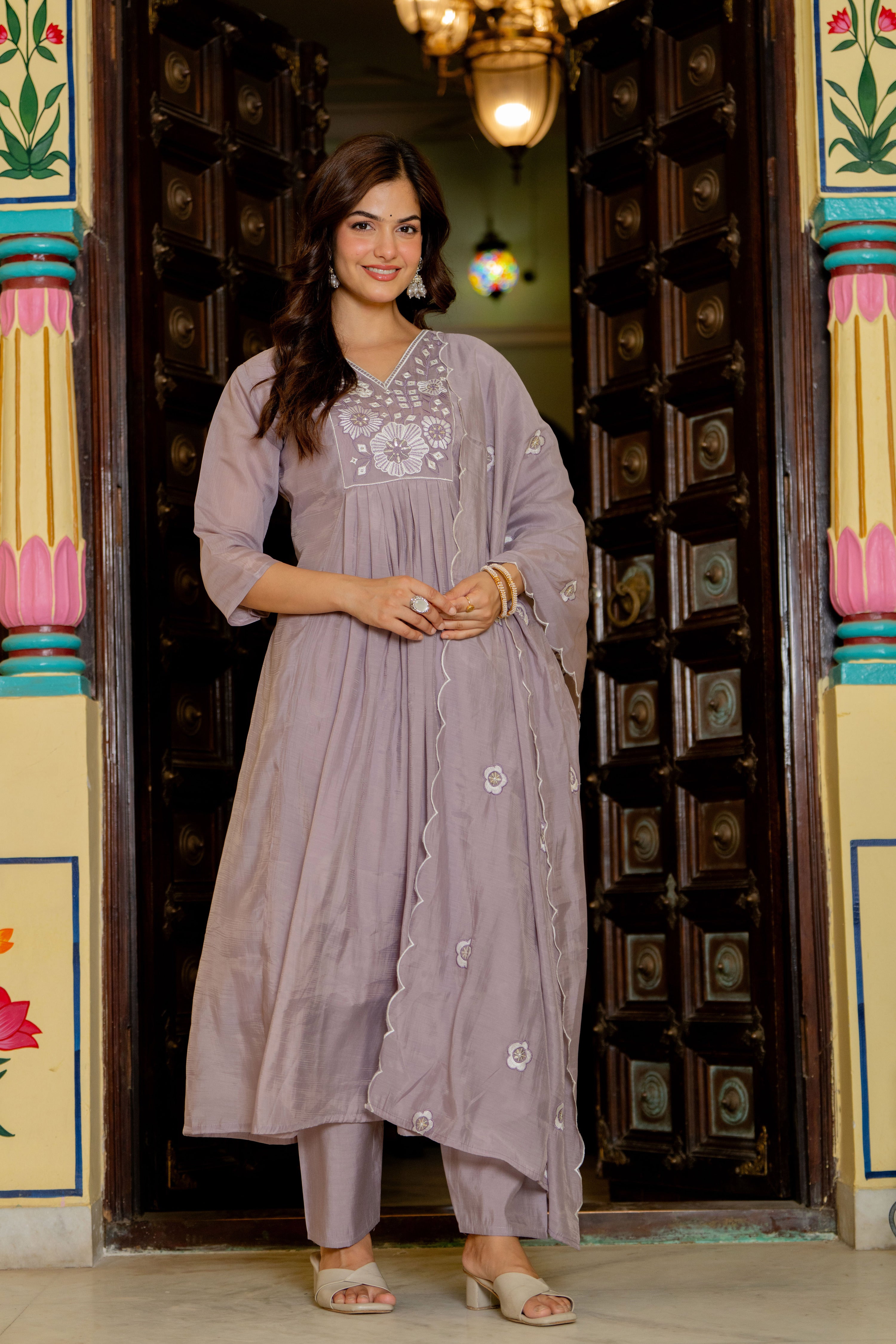 Pastel Purple Embroidered Mal Chanderi Suit Set