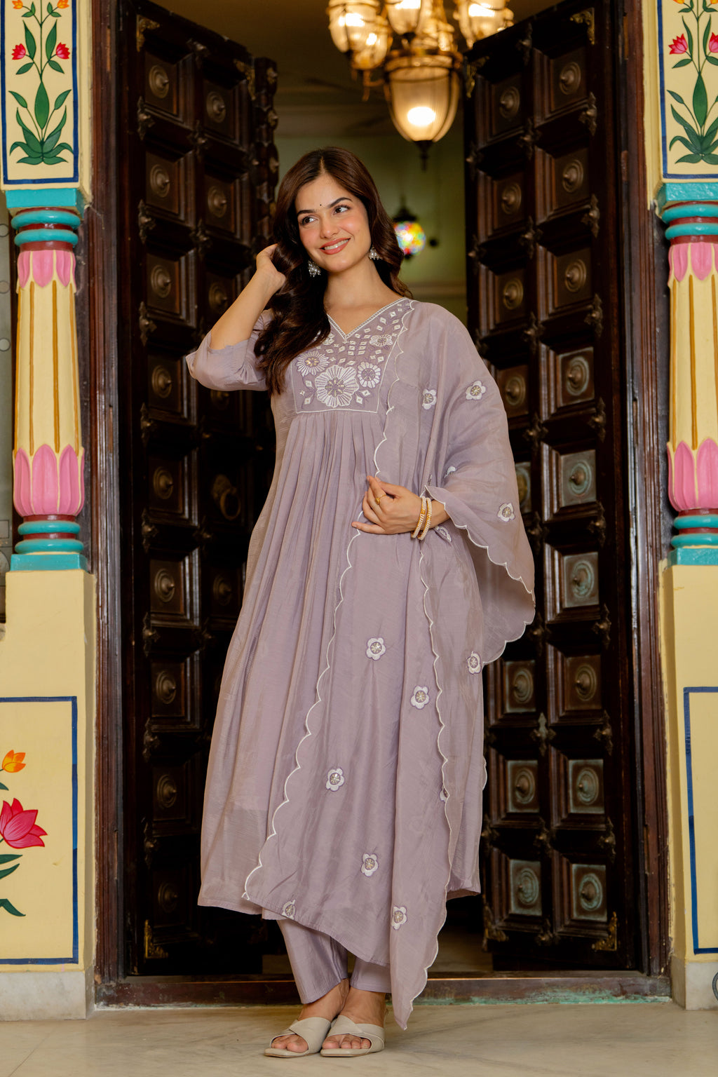 Pastel Purple Embroidered Mal Chanderi Suit Set
