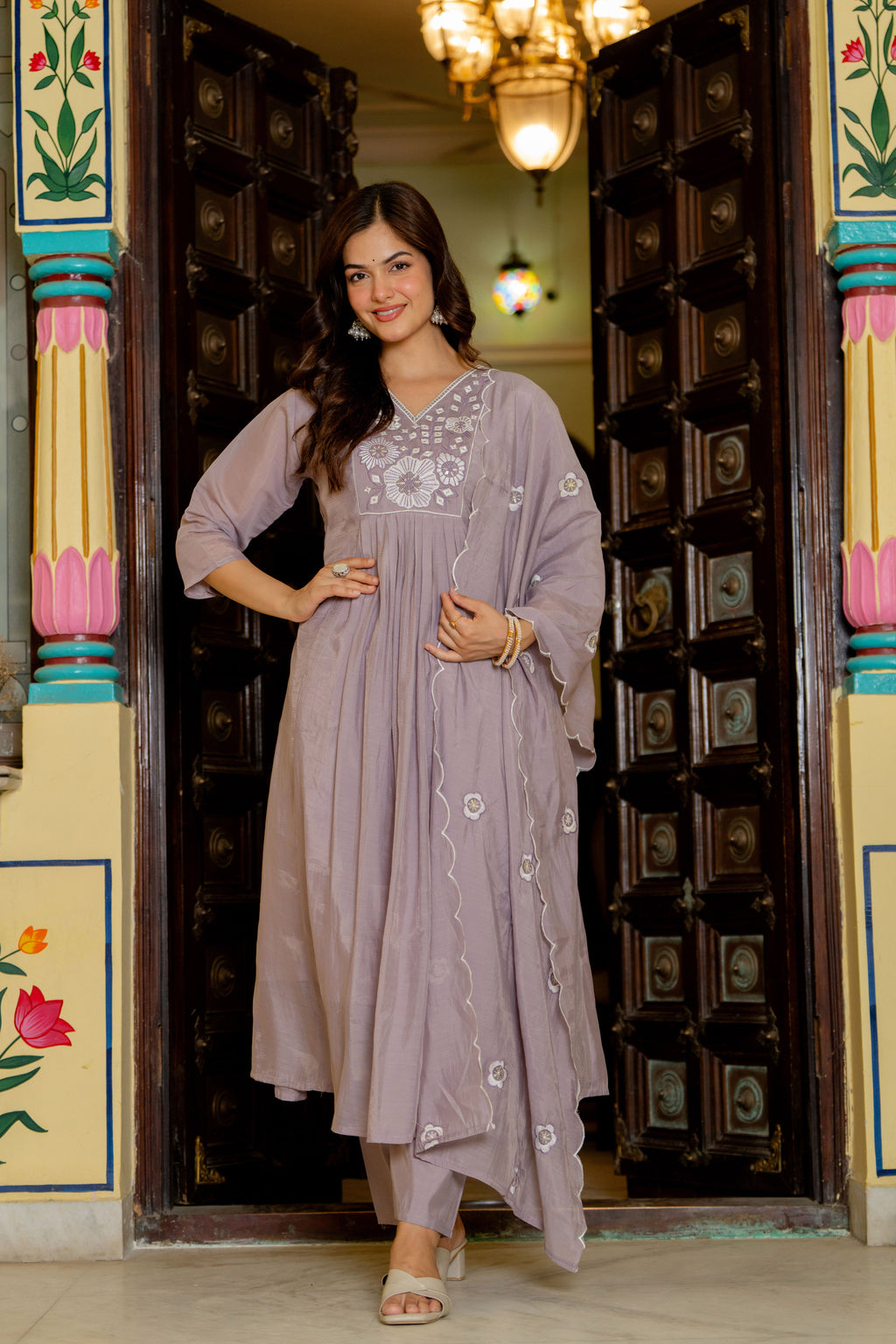 Pastel Purple Embroidered Mal Chanderi Suit Set
