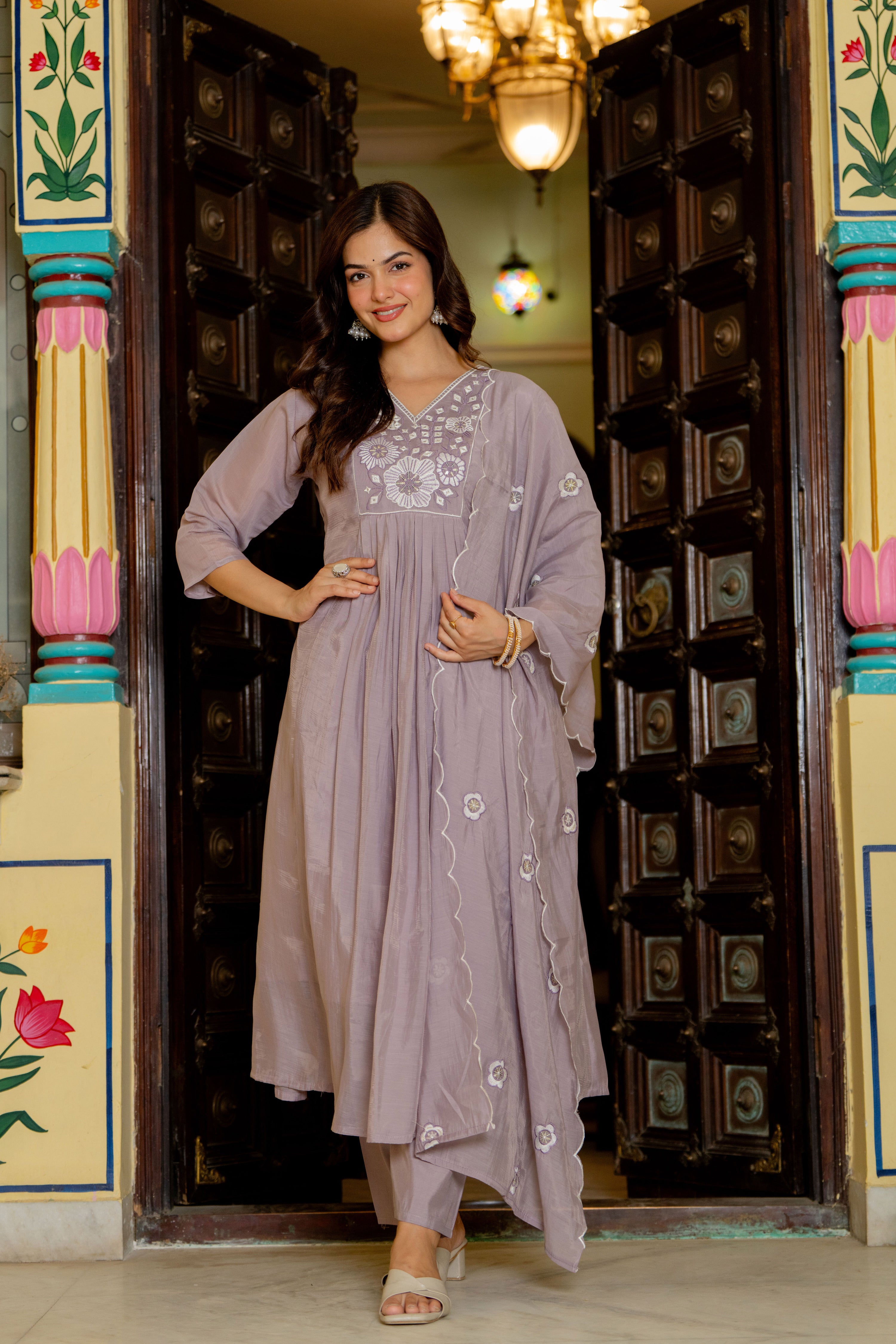 Pastel Purple Embroidered Mal Chanderi Suit Set
