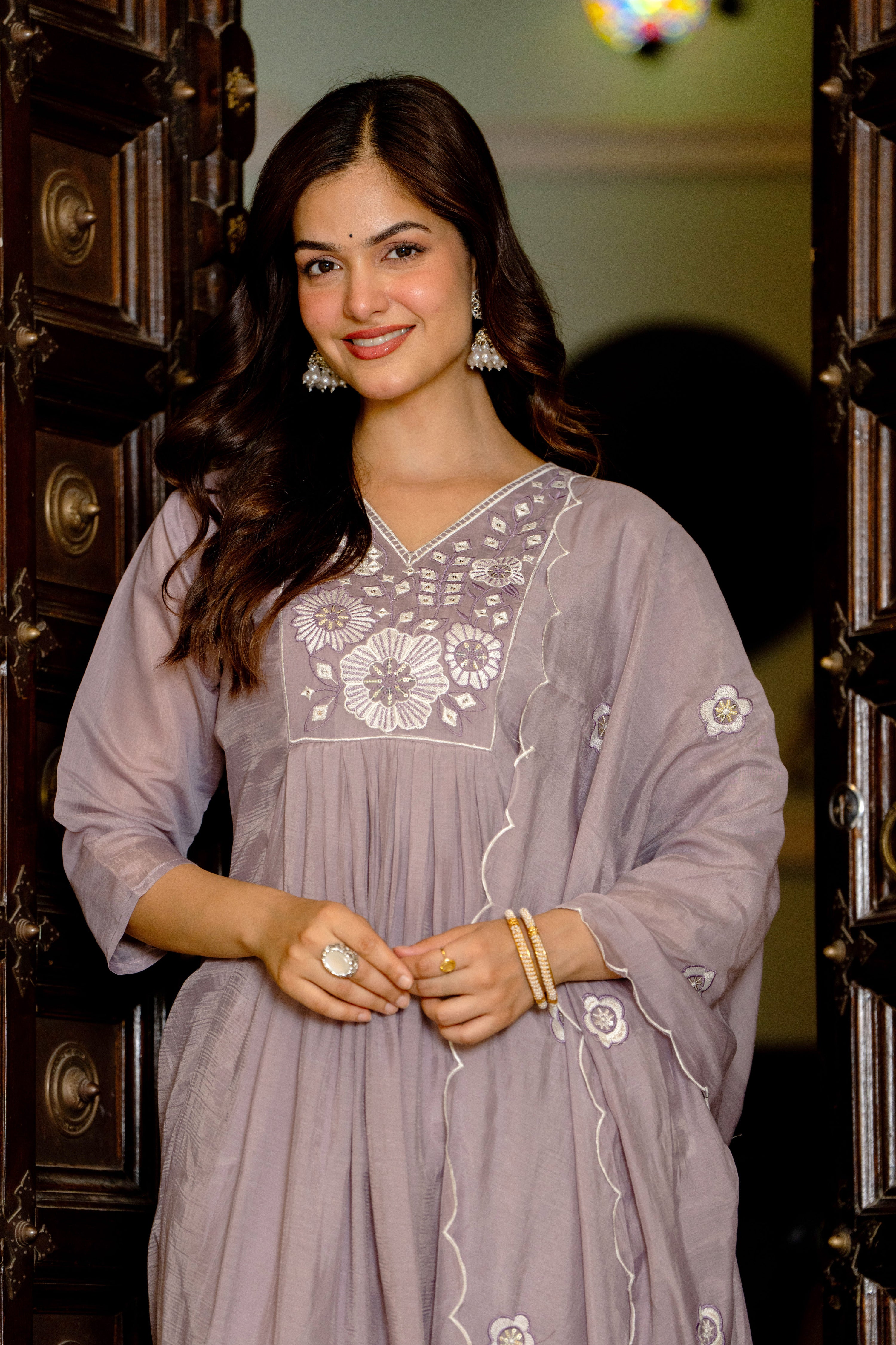 Pastel Purple Embroidered Mal Chanderi Suit Set