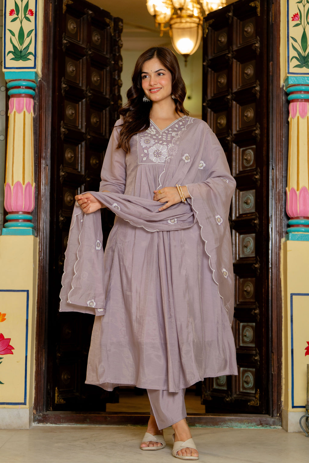 Pastel Purple Embroidered Mal Chanderi Suit Set