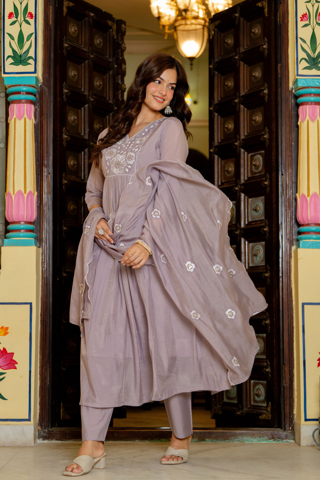 Pastel Purple Embroidered Mal Chanderi Suit Set