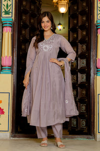 Pastel Purple Embroidered Mal Chanderi Suit Set