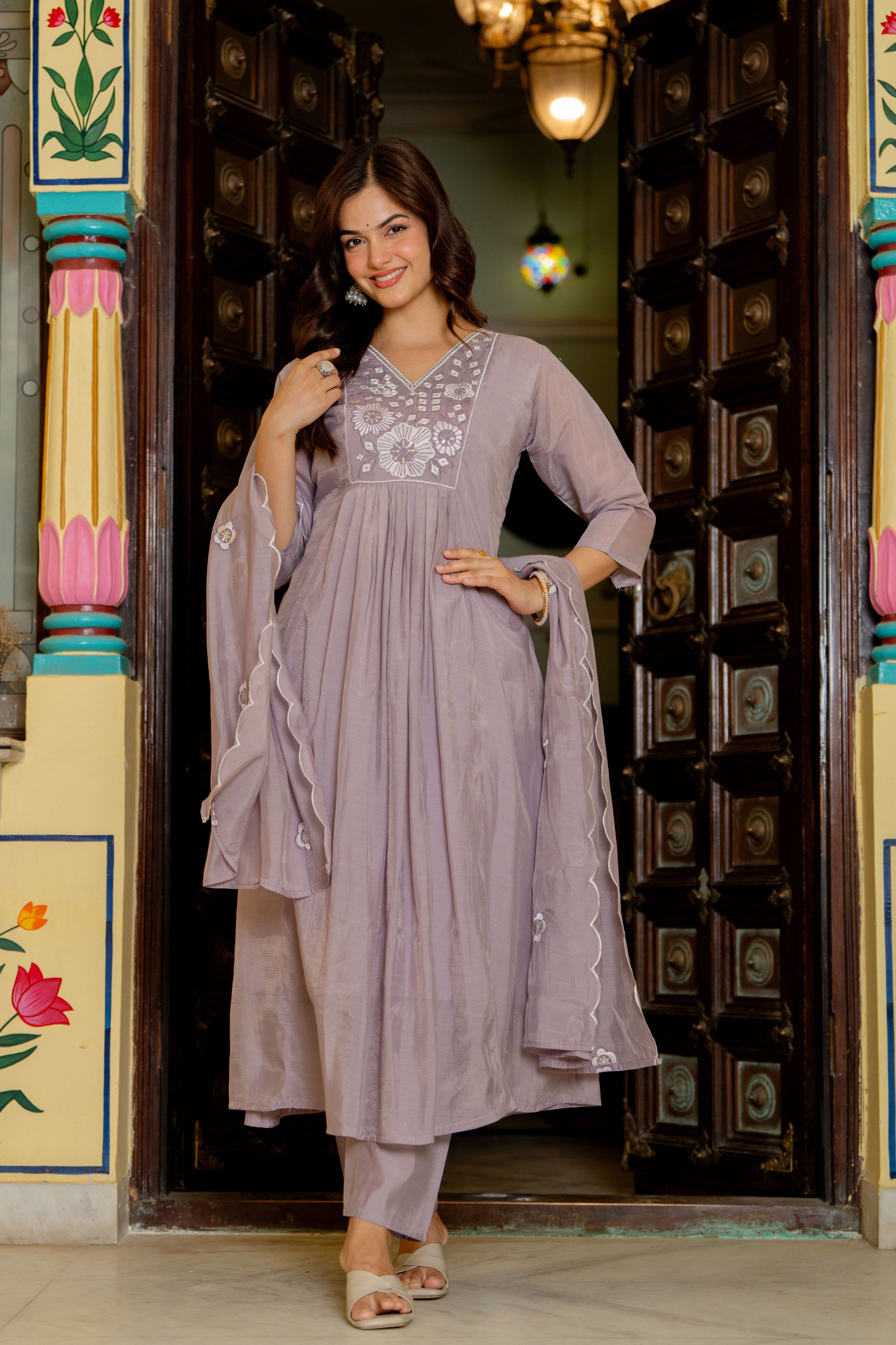 Pastel Purple Embroidered Mal Chanderi Suit Set
