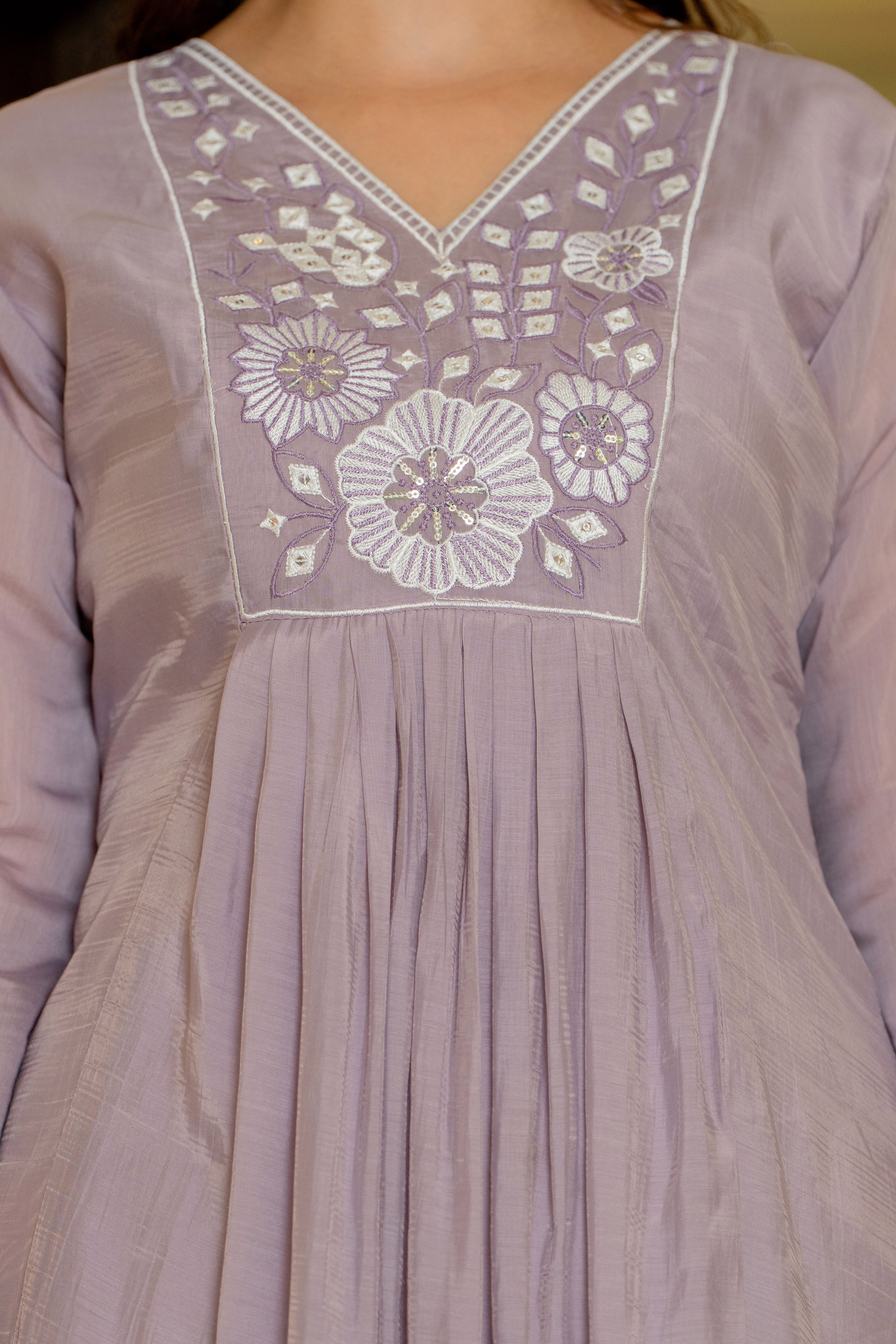 Pastel Purple Embroidered Mal Chanderi Suit Set