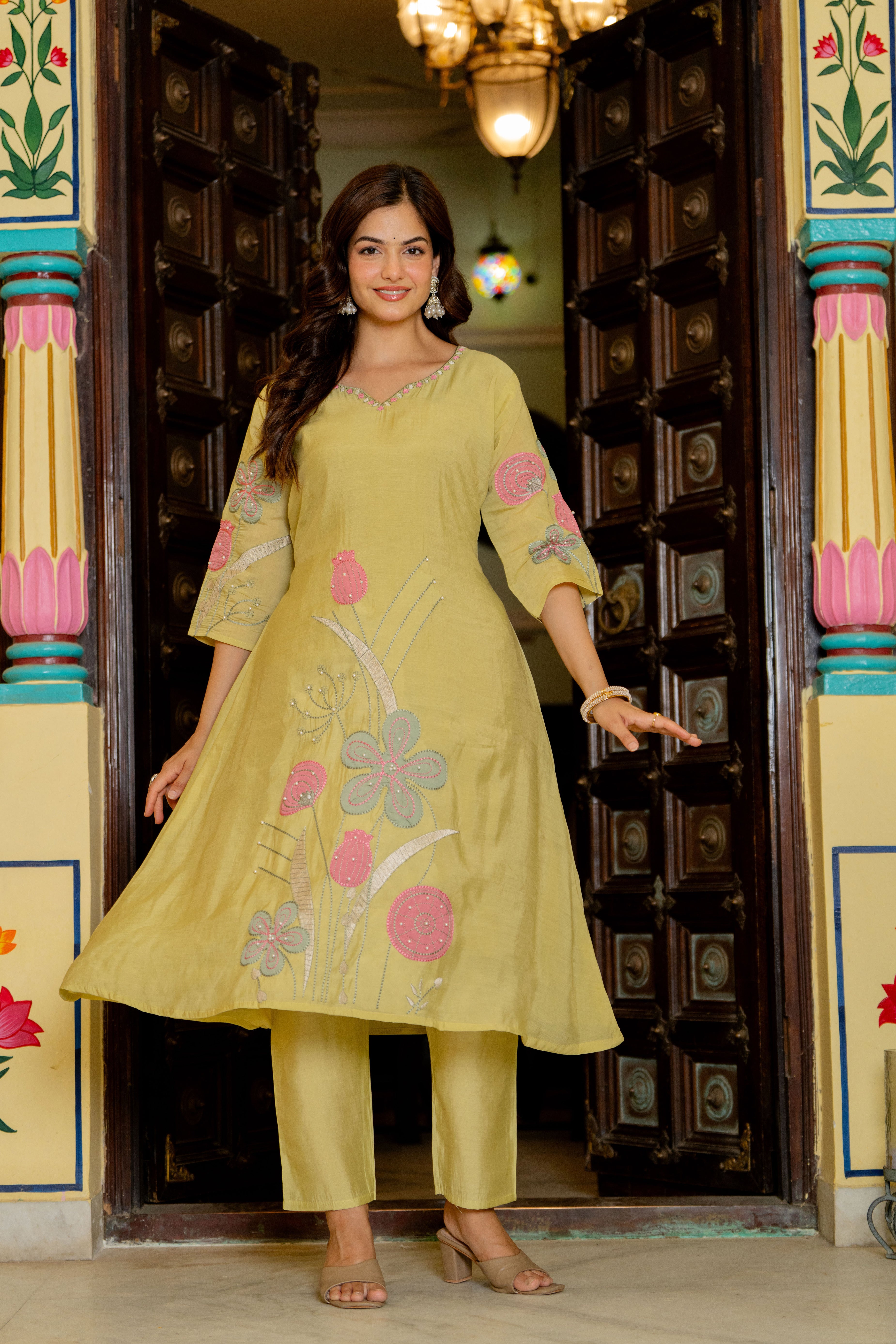 Light Green Embroidered Mal Chanderi Suit Set