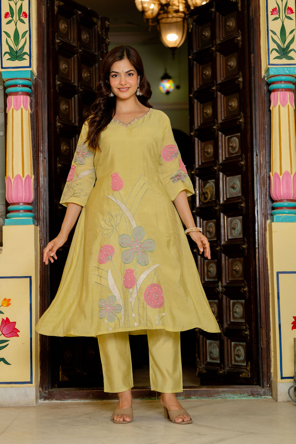 Light Green Embroidered Mal Chanderi Suit Set