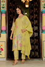 Light Green Embroidered Mul Chanderi Suit Set with Dupatta