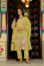 Light Green Embroidered Mul Chanderi Suit Set with Dupatta