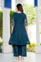 Teal Blue Handwork Mal Chanderi Suit Set with Dupatta