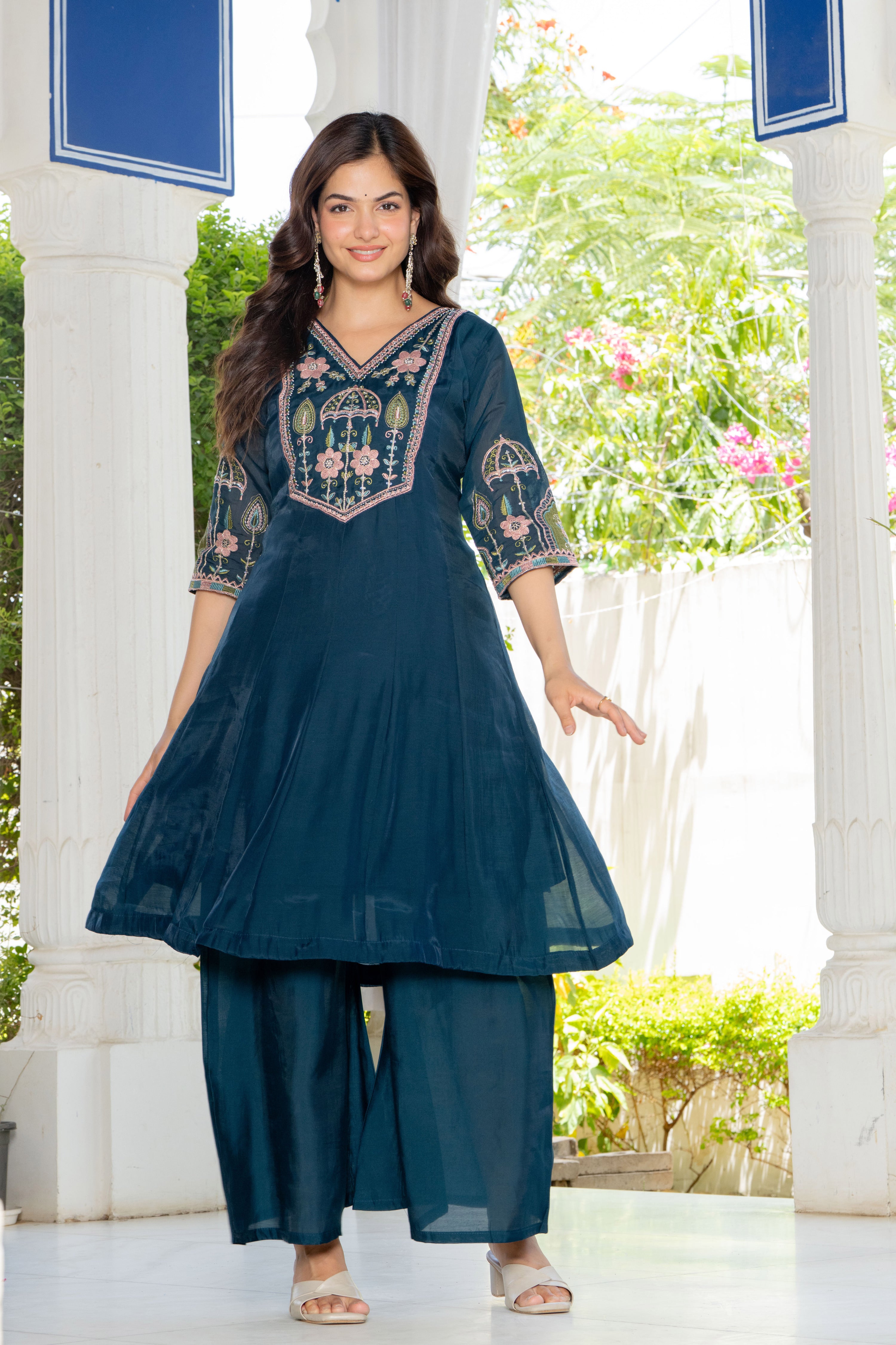 Teal Blue Handwork Mal Chanderi Suit Set