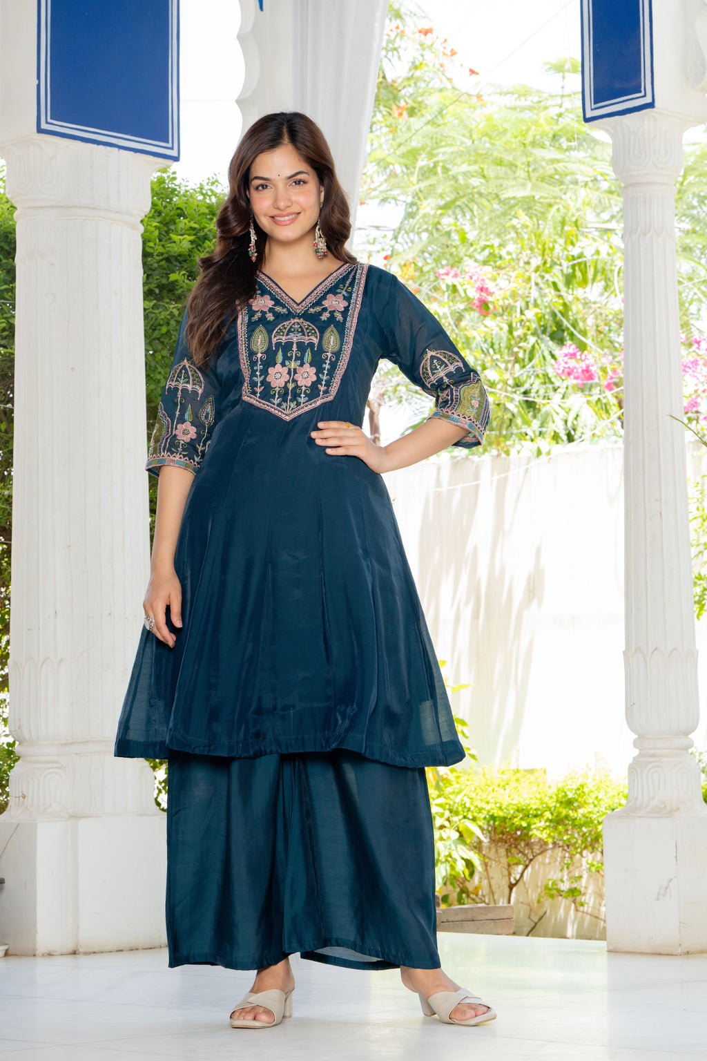 Teal Blue Handwork Mal Chanderi Suit Set