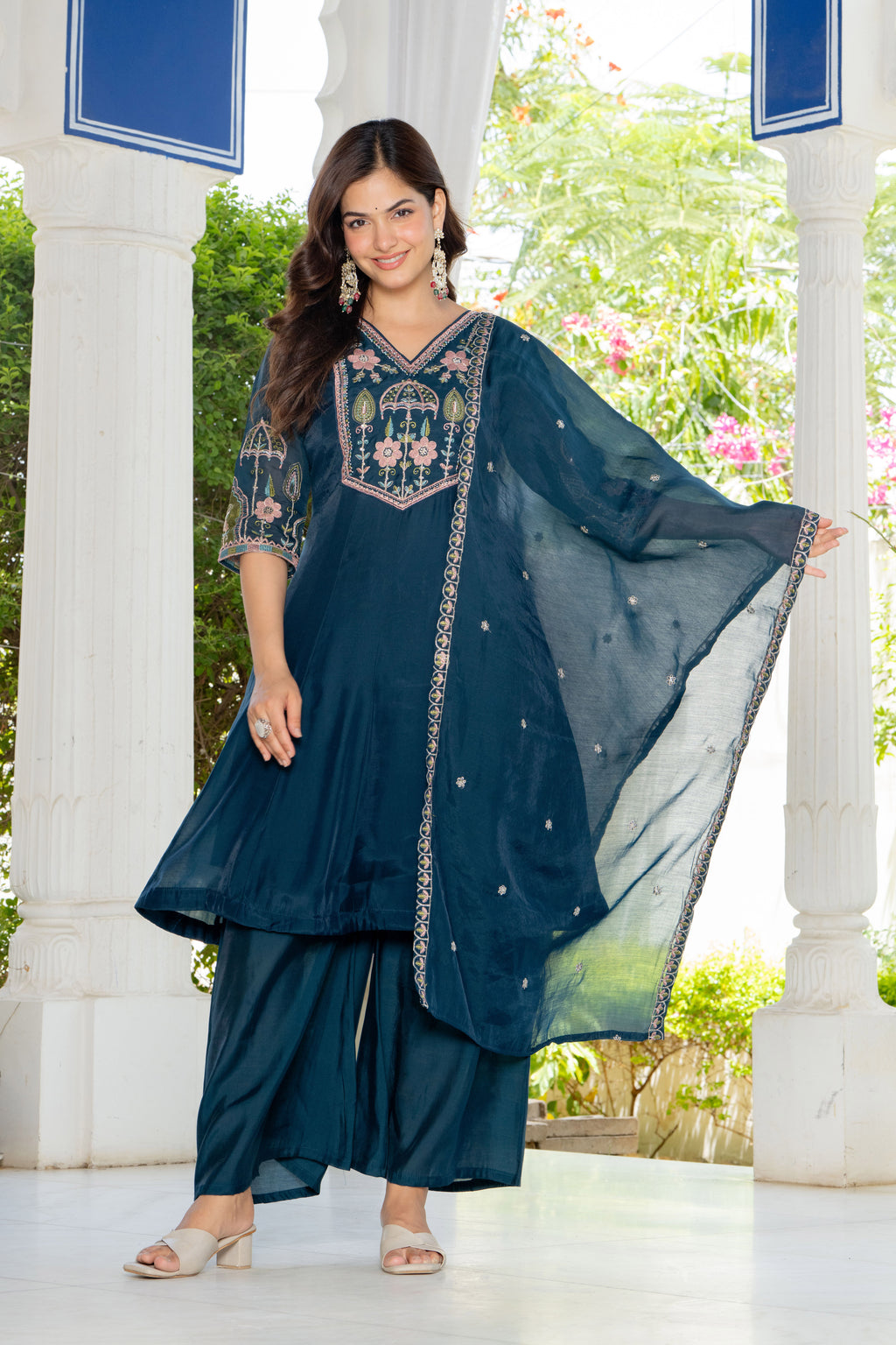 Teal Blue Handwork Mal Chanderi Suit Set