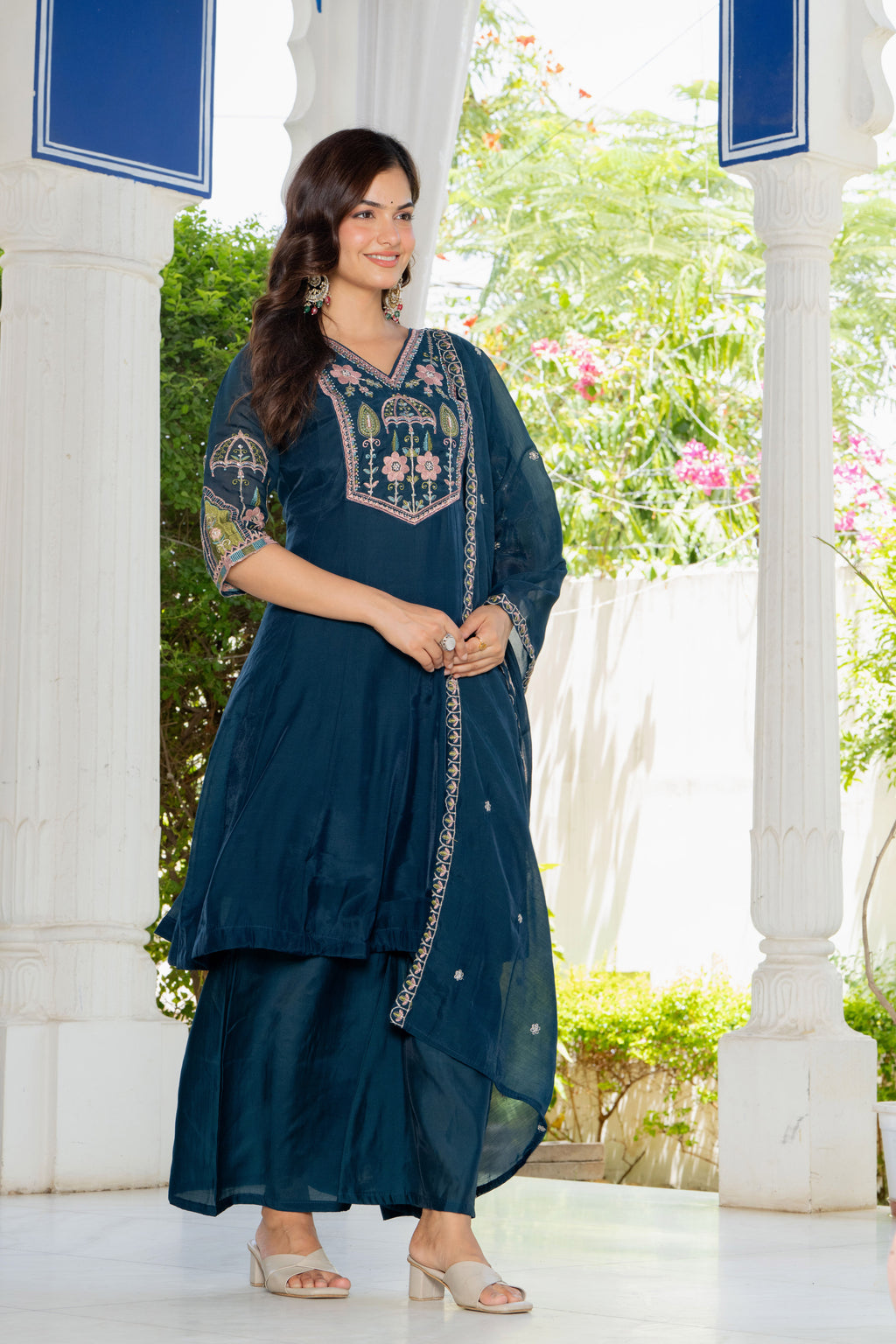 Teal Blue Handwork Mal Chanderi Suit Set
