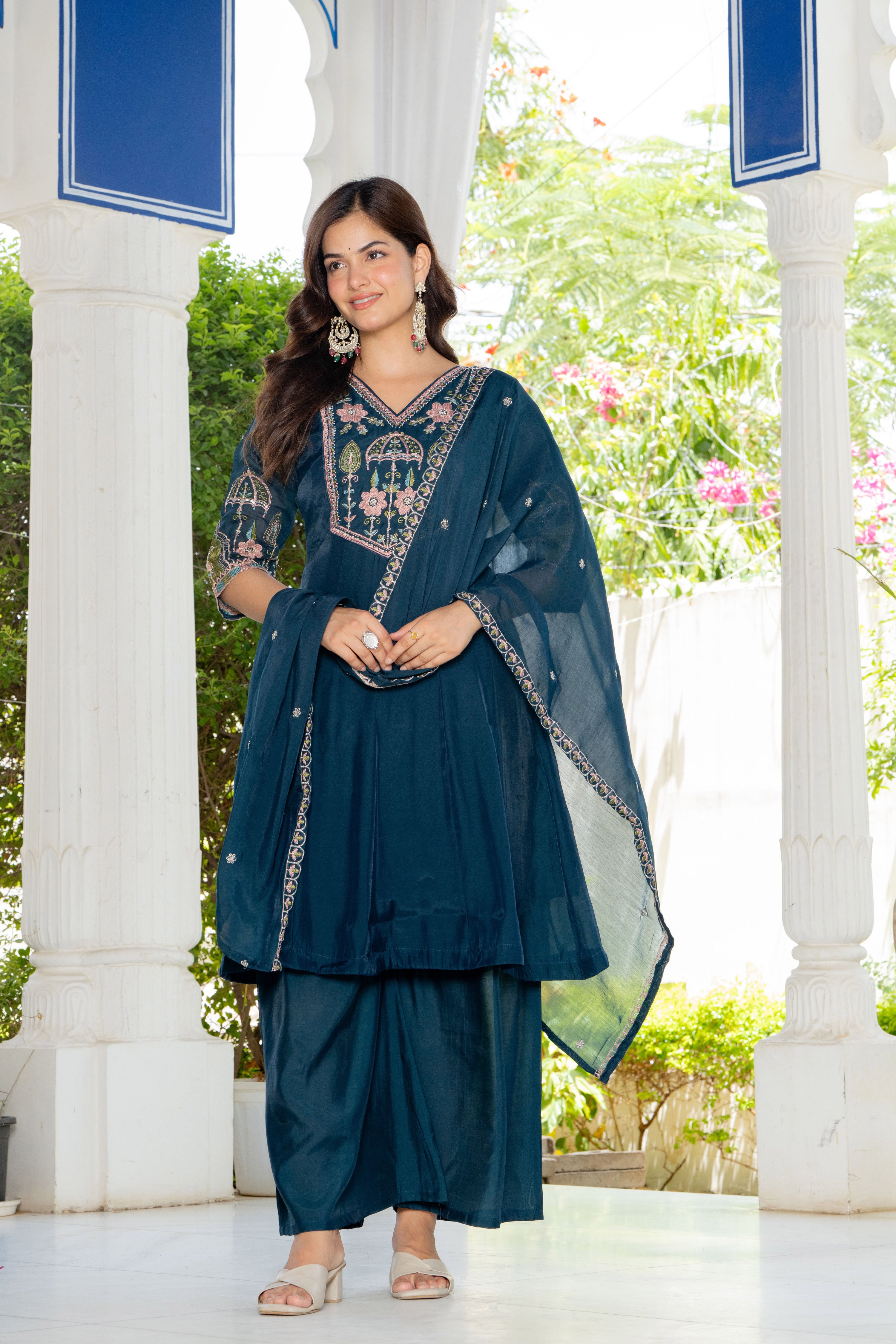 Teal Blue Handwork Mal Chanderi Suit Set