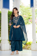 Teal Blue Handwork Mal Chanderi Suit Set