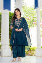 Teal Blue Handwork Mal Chanderi Suit Set with Dupatta