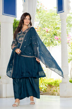 Teal Blue Handwork Mal Chanderi Suit Set with Dupatta