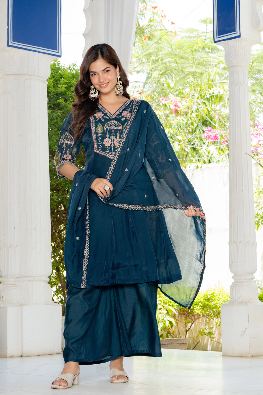 Teal Blue Handwork Mal Chanderi Suit Set