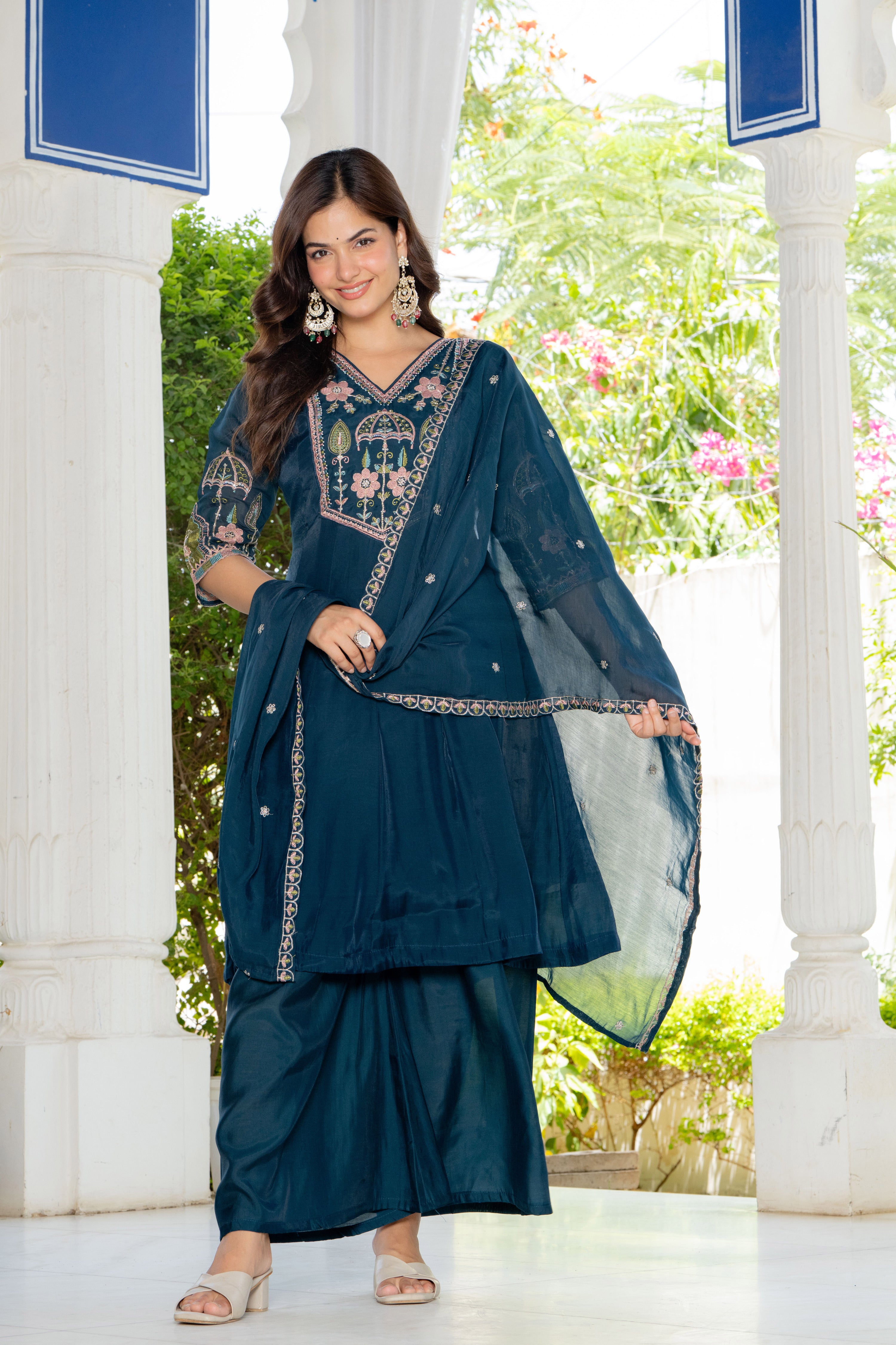 Teal Blue Handwork Mal Chanderi Suit Set