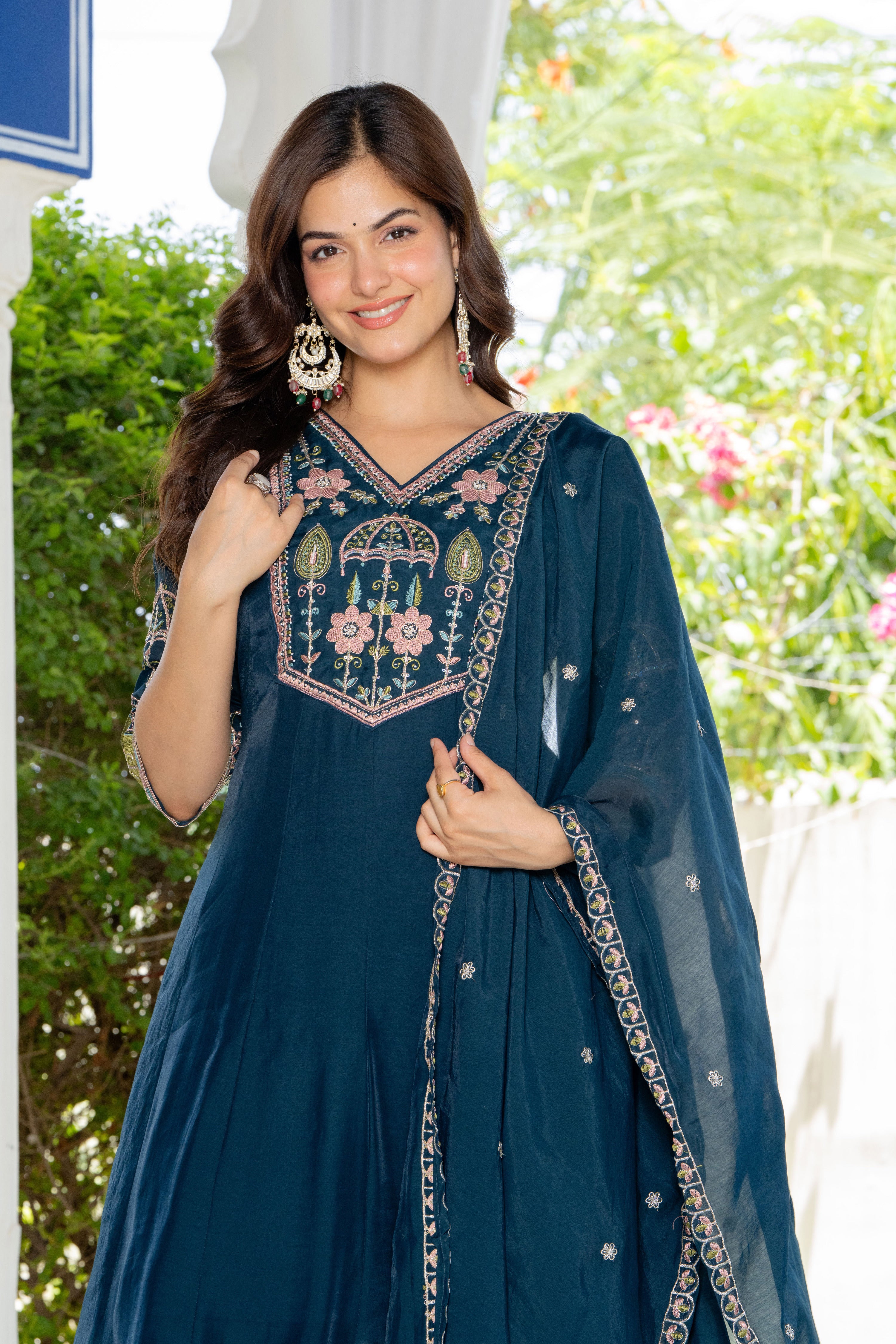 Teal Blue Handwork Mal Chanderi Suit Set