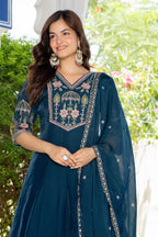 Teal Blue Handwork Mal Chanderi Suit Set with Dupatta
