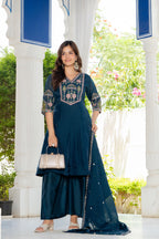 Teal Blue Handwork Mal Chanderi Suit Set with Dupatta