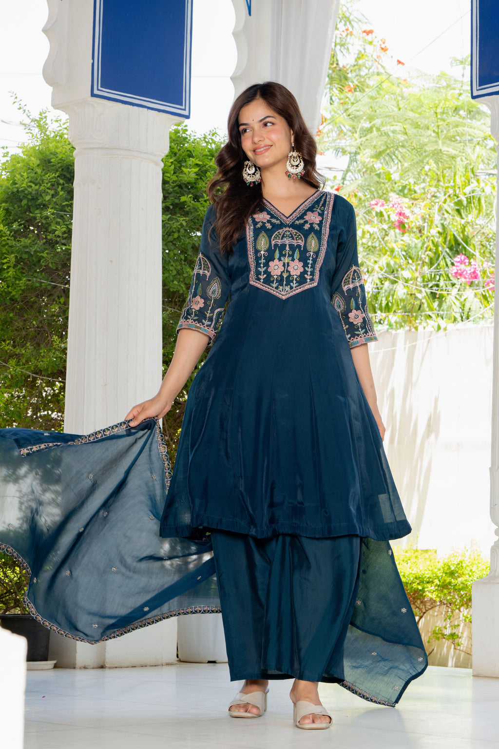 Teal Blue Handwork Mal Chanderi Suit Set