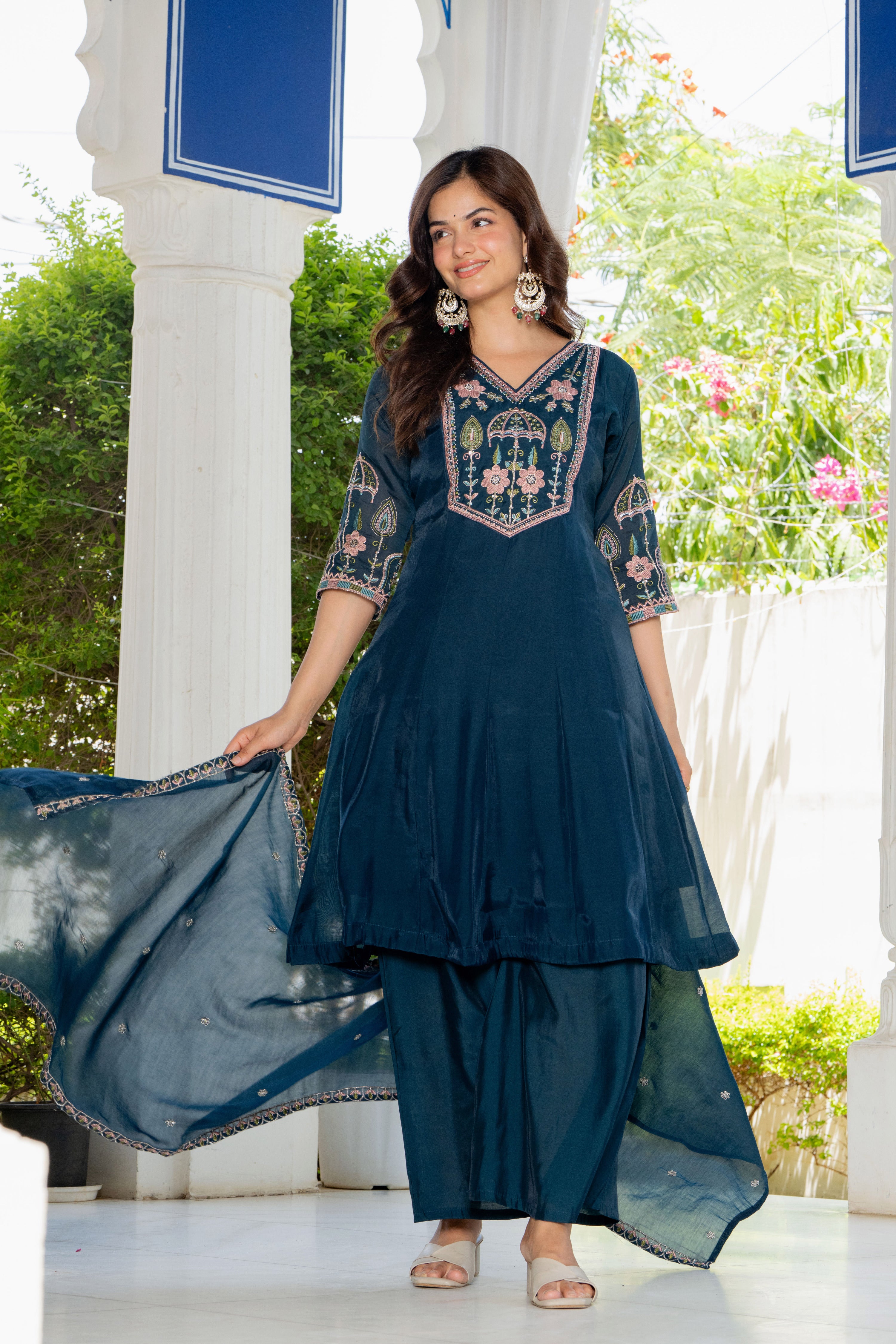 Teal Blue Handwork Mal Chanderi Suit Set